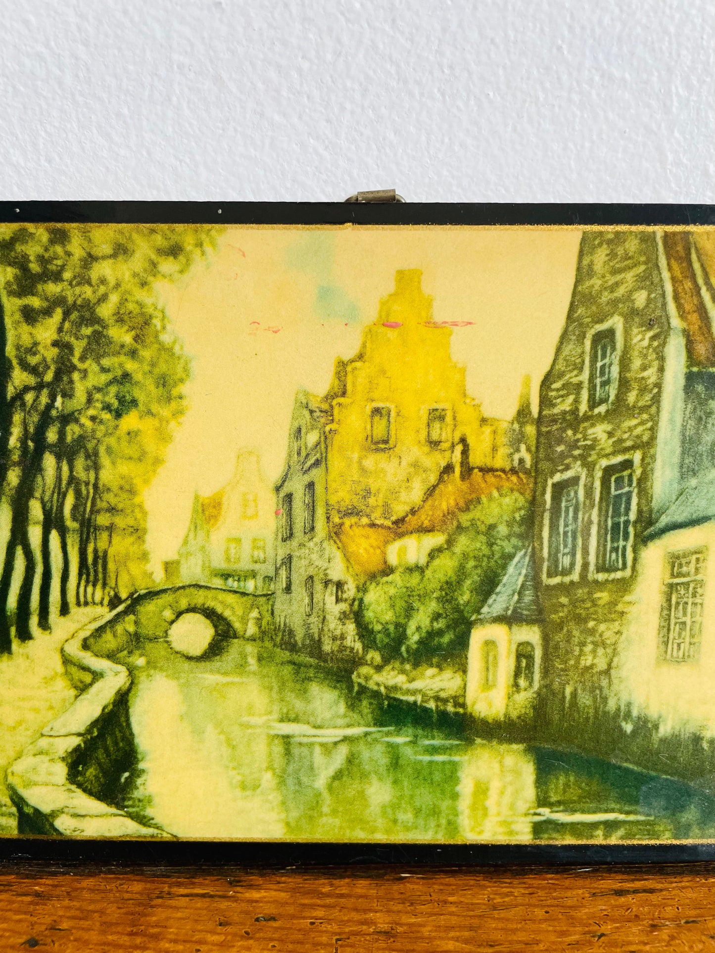 Wooden Picture Plaque of an Amsterdam Canal & Bridge - British Empire Made