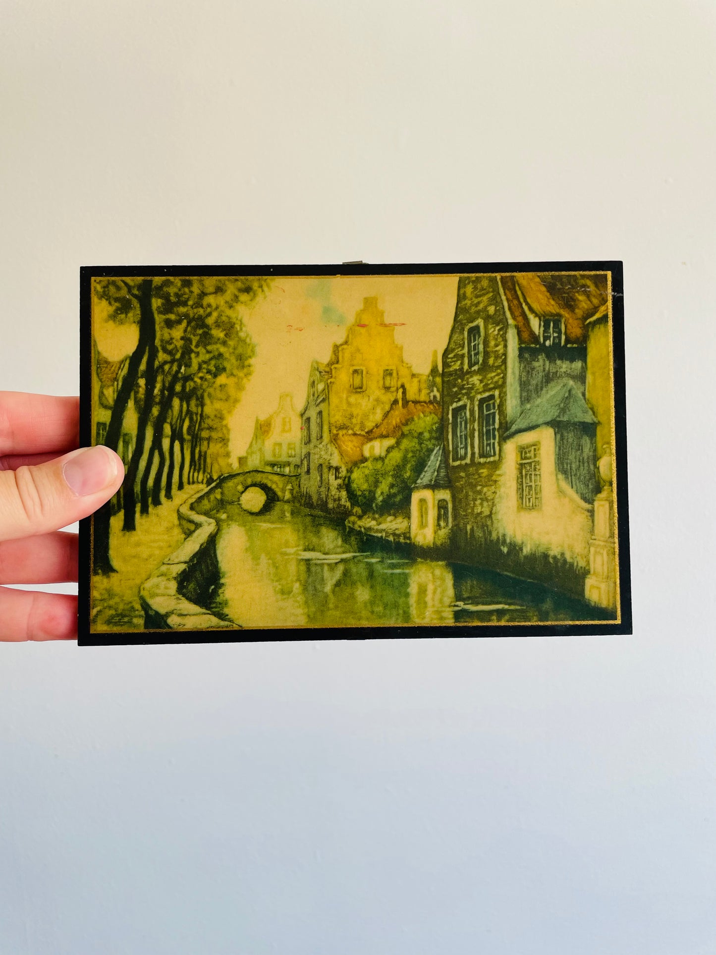 Wooden Picture Plaque of an Amsterdam Canal & Bridge - British Empire Made