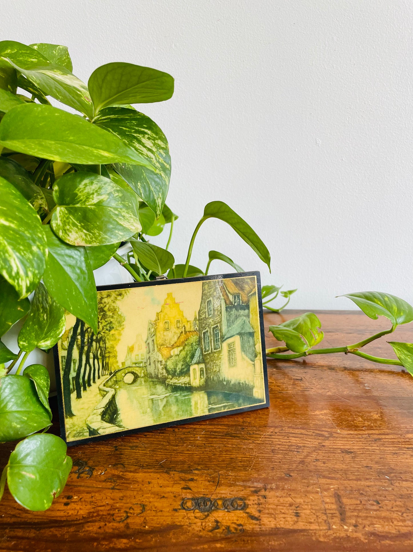 Wooden Picture Plaque of an Amsterdam Canal & Bridge - British Empire Made