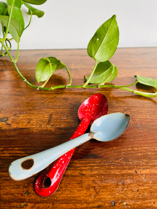 Graniteware Enamelware Set of Two Spoons - Red with White Flecks & Robin Egg Blue