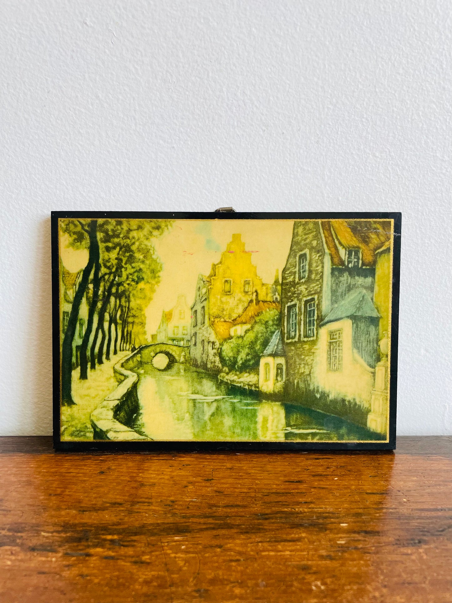Wooden Picture Plaque of an Amsterdam Canal & Bridge - British Empire Made