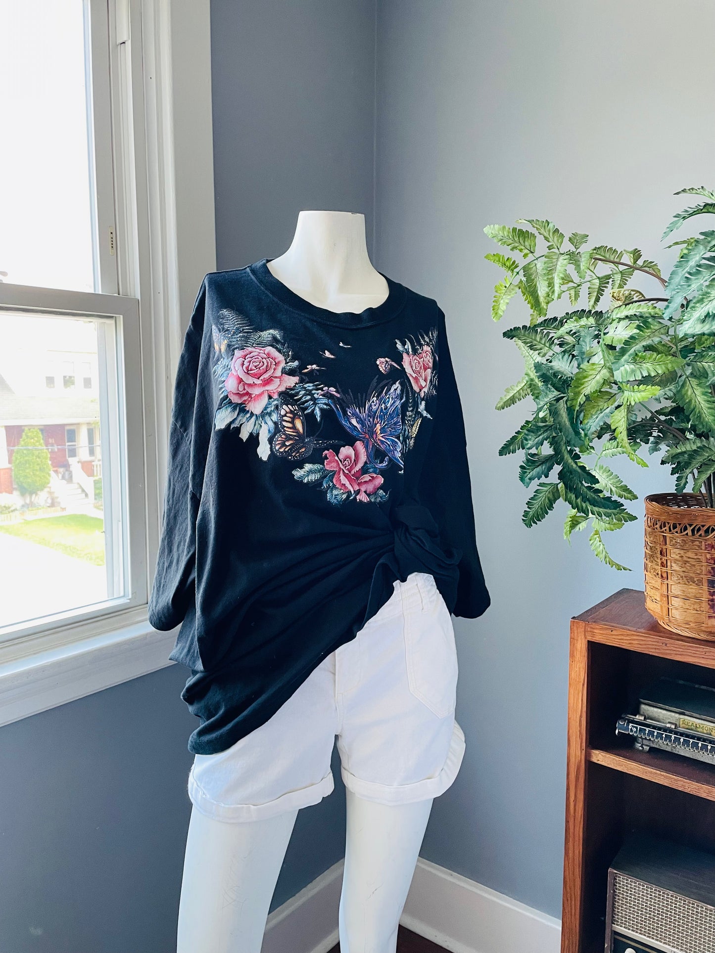 Hanes Heavyweight Plus Size Black T-Shirt with Flower Garden & Butterfly Graphic