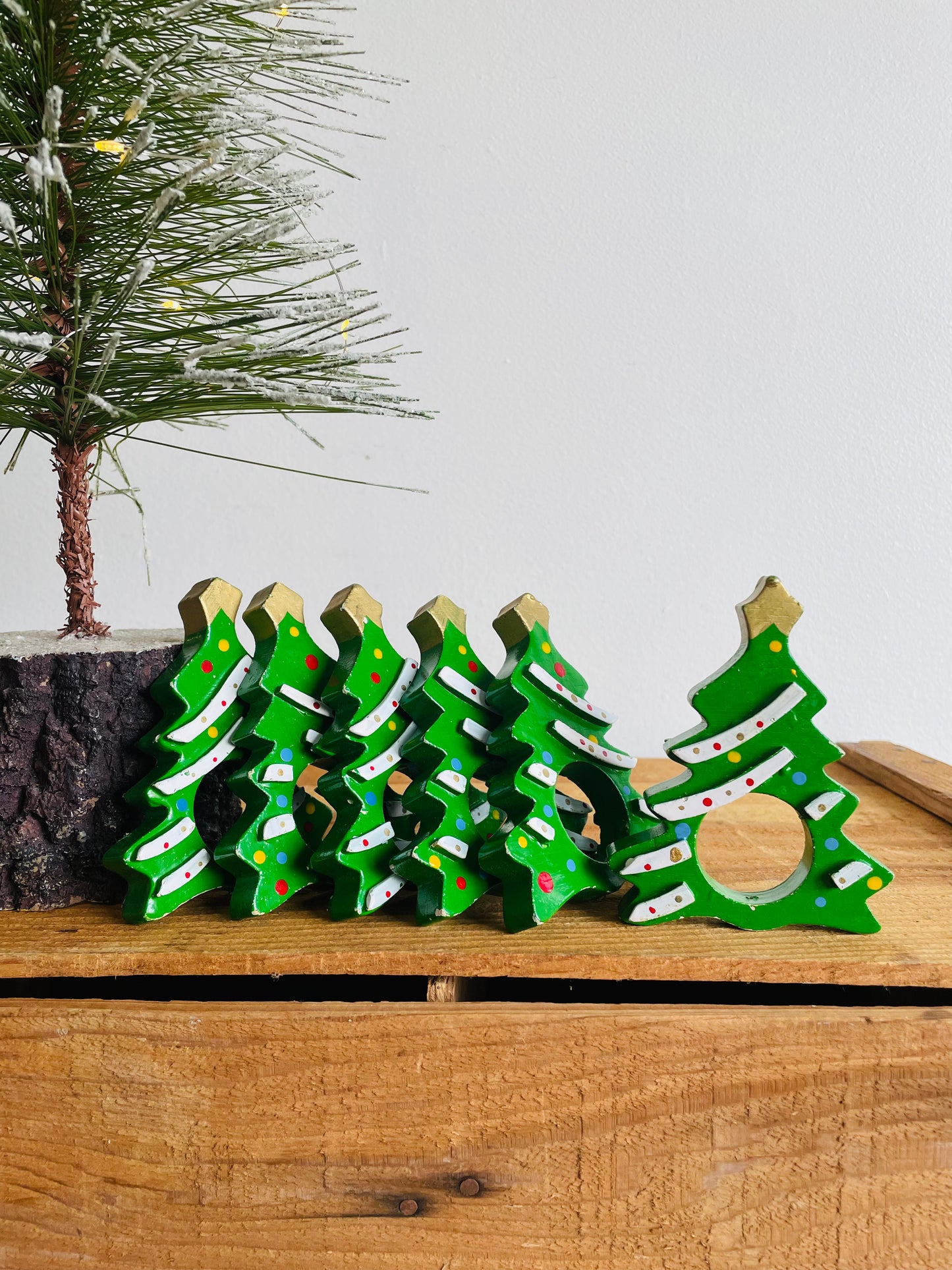 Brightly Painted Wooden Christmas Tree Napkin Rings - Set of 6
