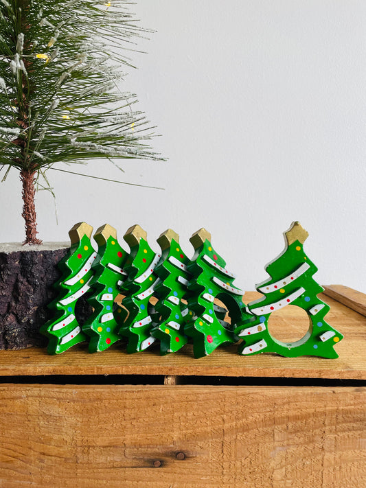 Brightly Painted Wooden Christmas Tree Napkin Rings - Set of 6