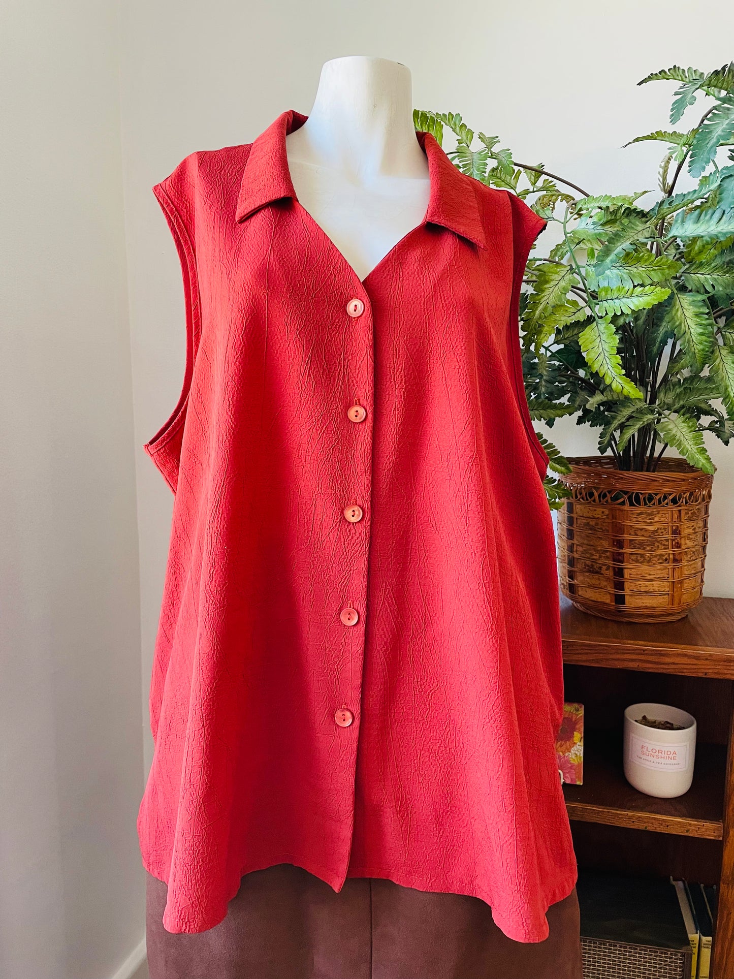 Vintage IMAGE Brand Rust Red Button Up Sleeveless Top with Dagger Collar - Size 3x