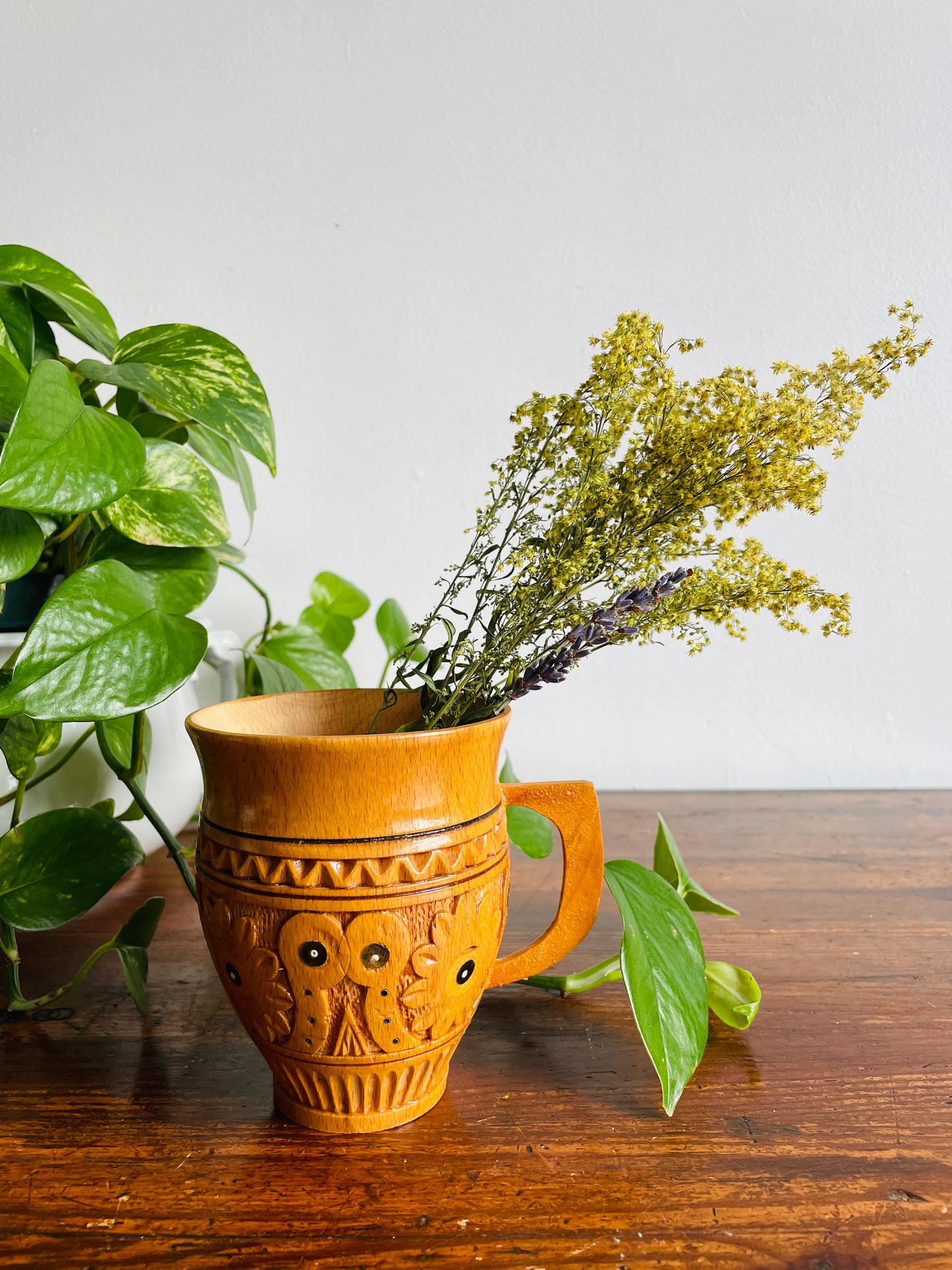 Rustic Traditional Ukrainian Folk Carved Wooden Mug Cup with Hand Painted Floral Design