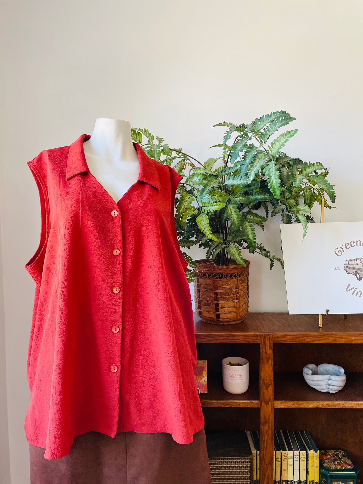 Vintage IMAGE Brand Rust Red Button Up Sleeveless Top with Dagger Collar - Size 3x