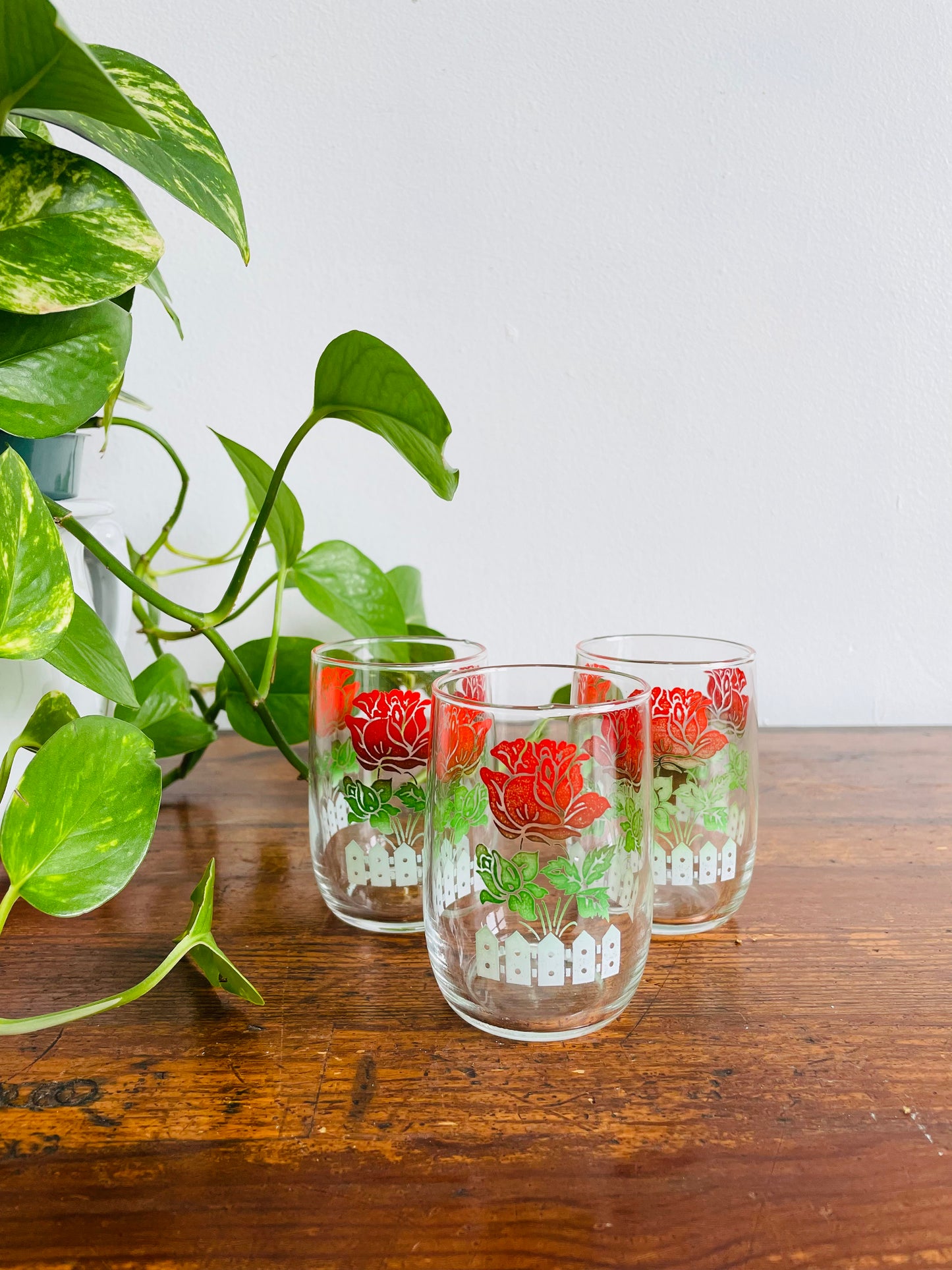 Juice Glasses with Rose Garden & White Picket Fence Design - Set of 3