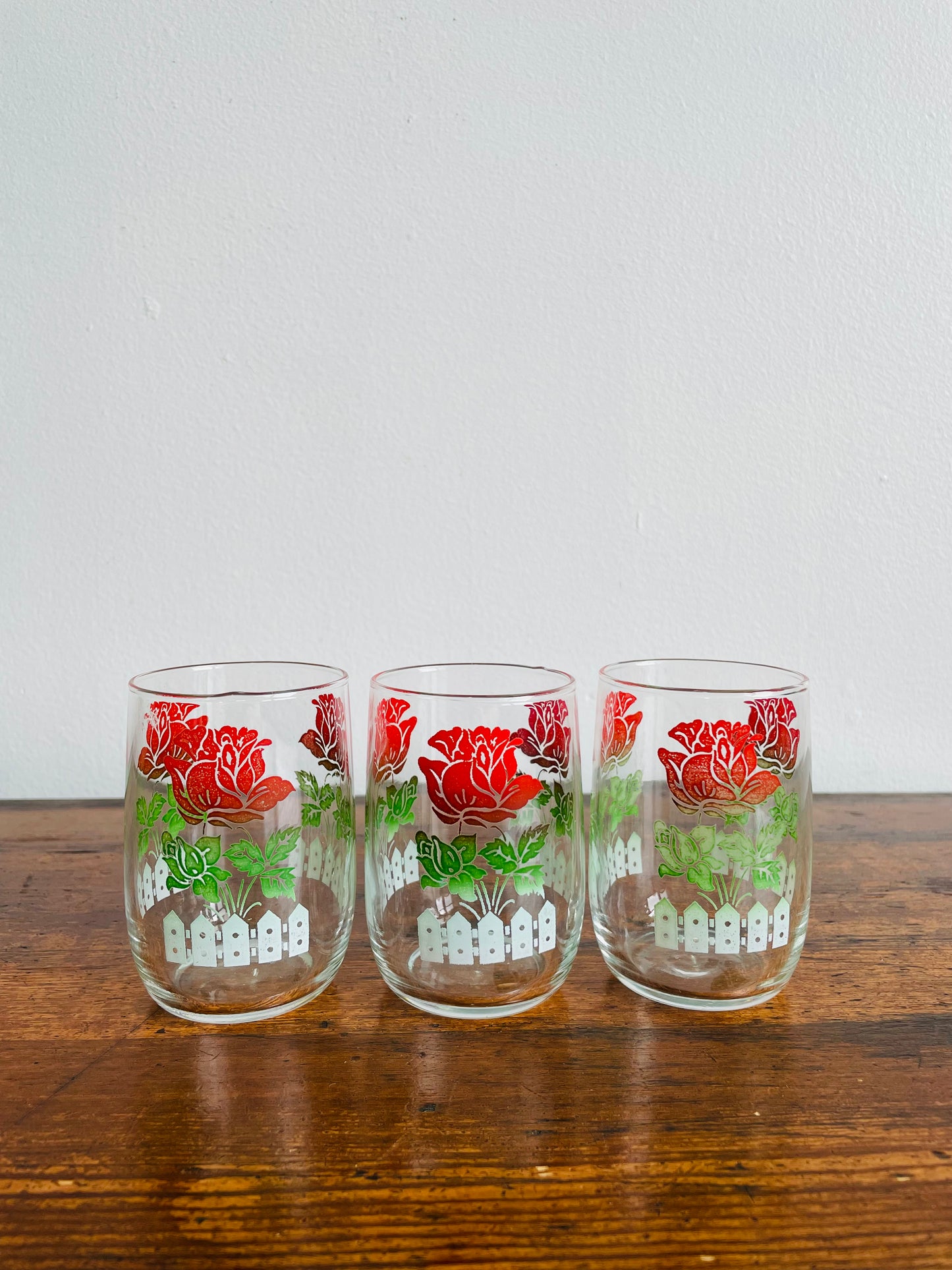 Juice Glasses with Rose Garden & White Picket Fence Design - Set of 3