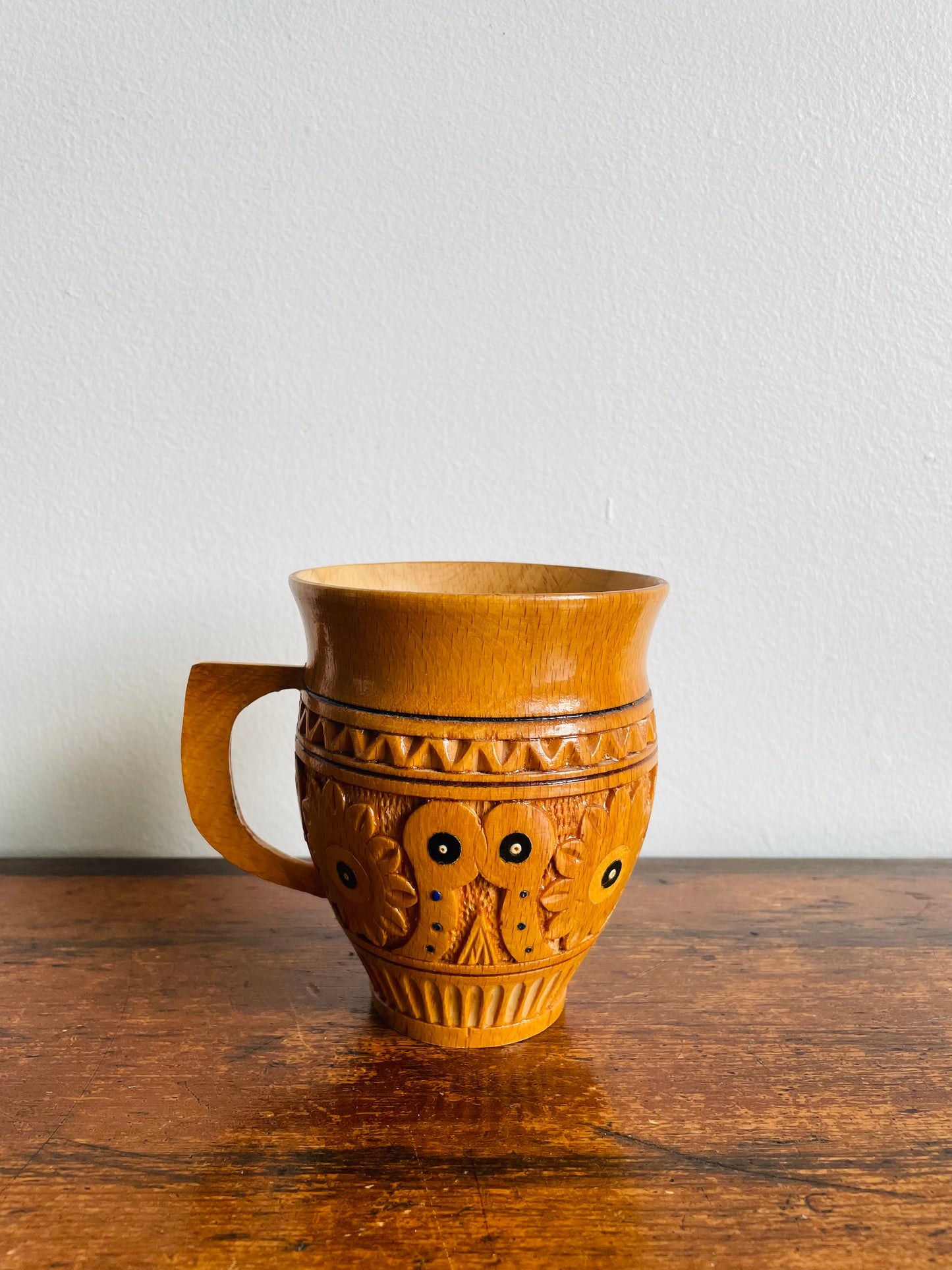 Rustic Traditional Ukrainian Folk Carved Wooden Mug Cup with Hand Painted Floral Design