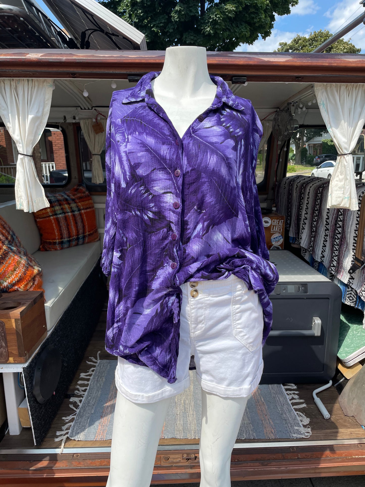 Vintage Variations Brand Purple Button Up T-Shirt with Tropical Print