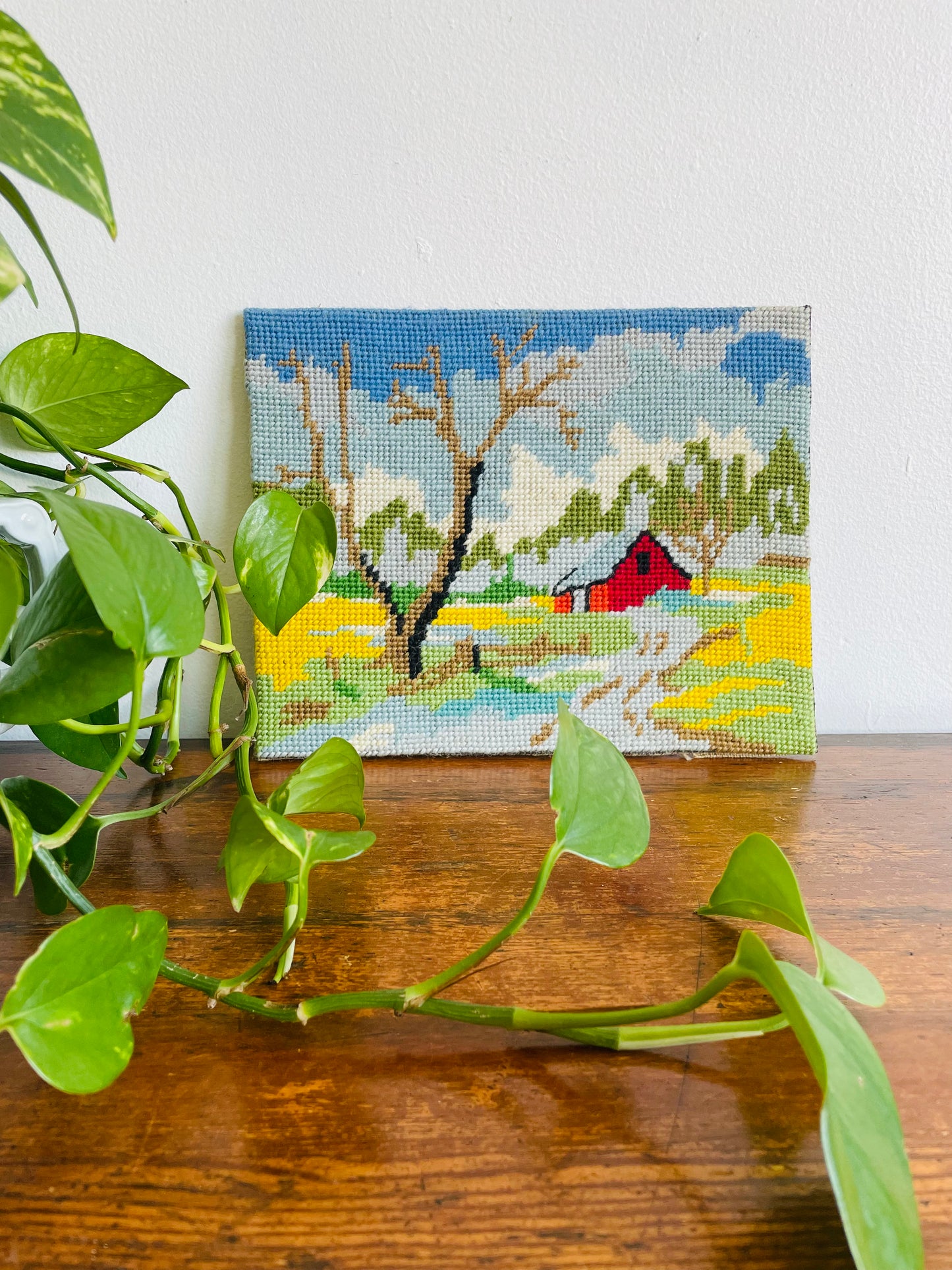 Adorable Red Barn Needlepoint Embroidery Picture on Board - Frame or Leave As-Is!