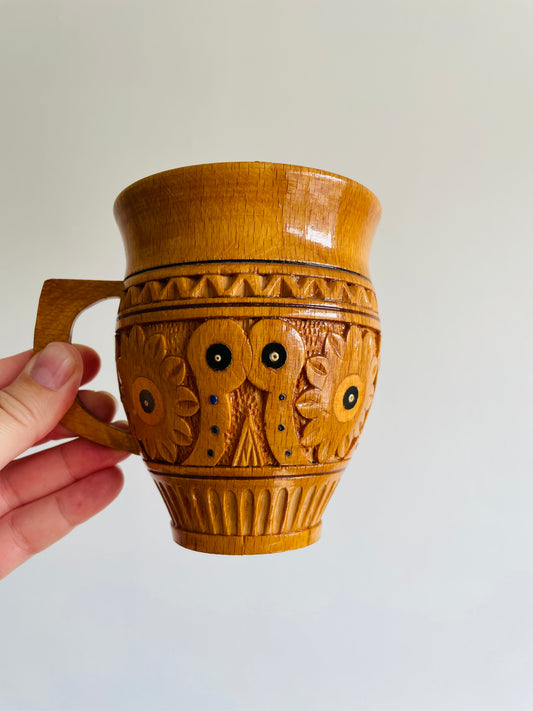 Rustic Traditional Ukrainian Folk Carved Wooden Mug Cup with Hand Painted Floral Design