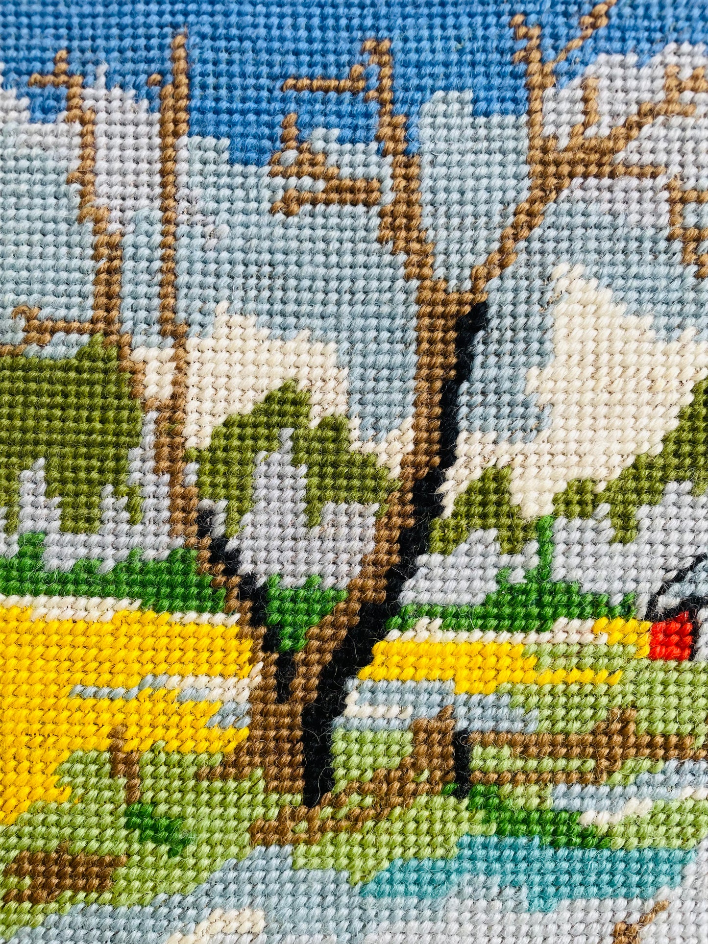 Adorable Red Barn Needlepoint Embroidery Picture on Board - Frame or Leave As-Is!