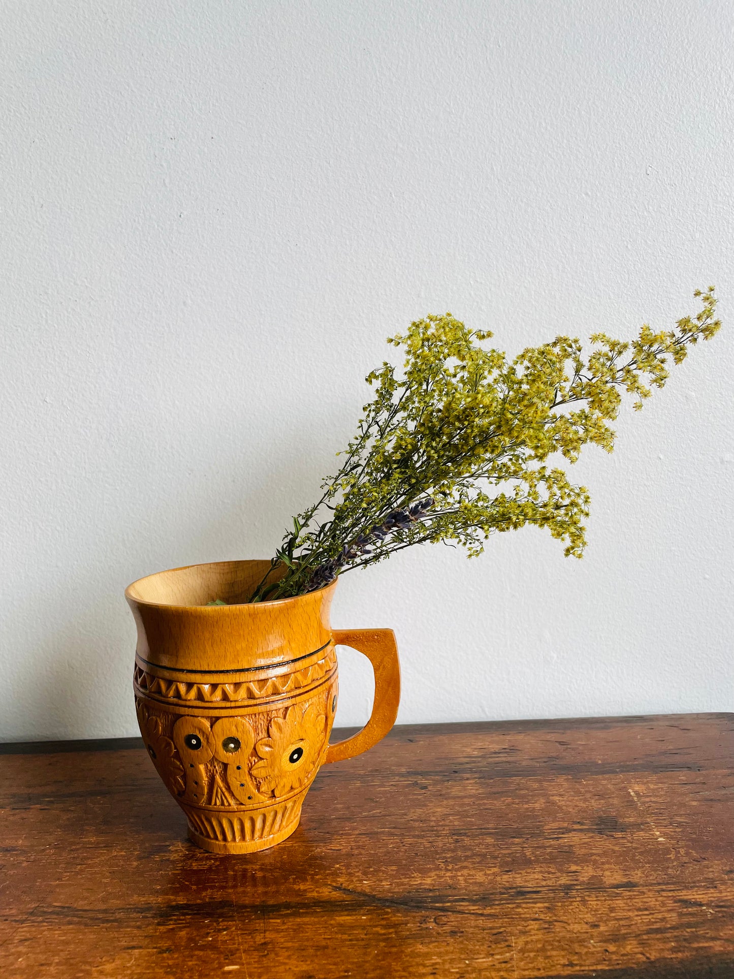 Rustic Traditional Ukrainian Folk Carved Wooden Mug Cup with Hand Painted Floral Design