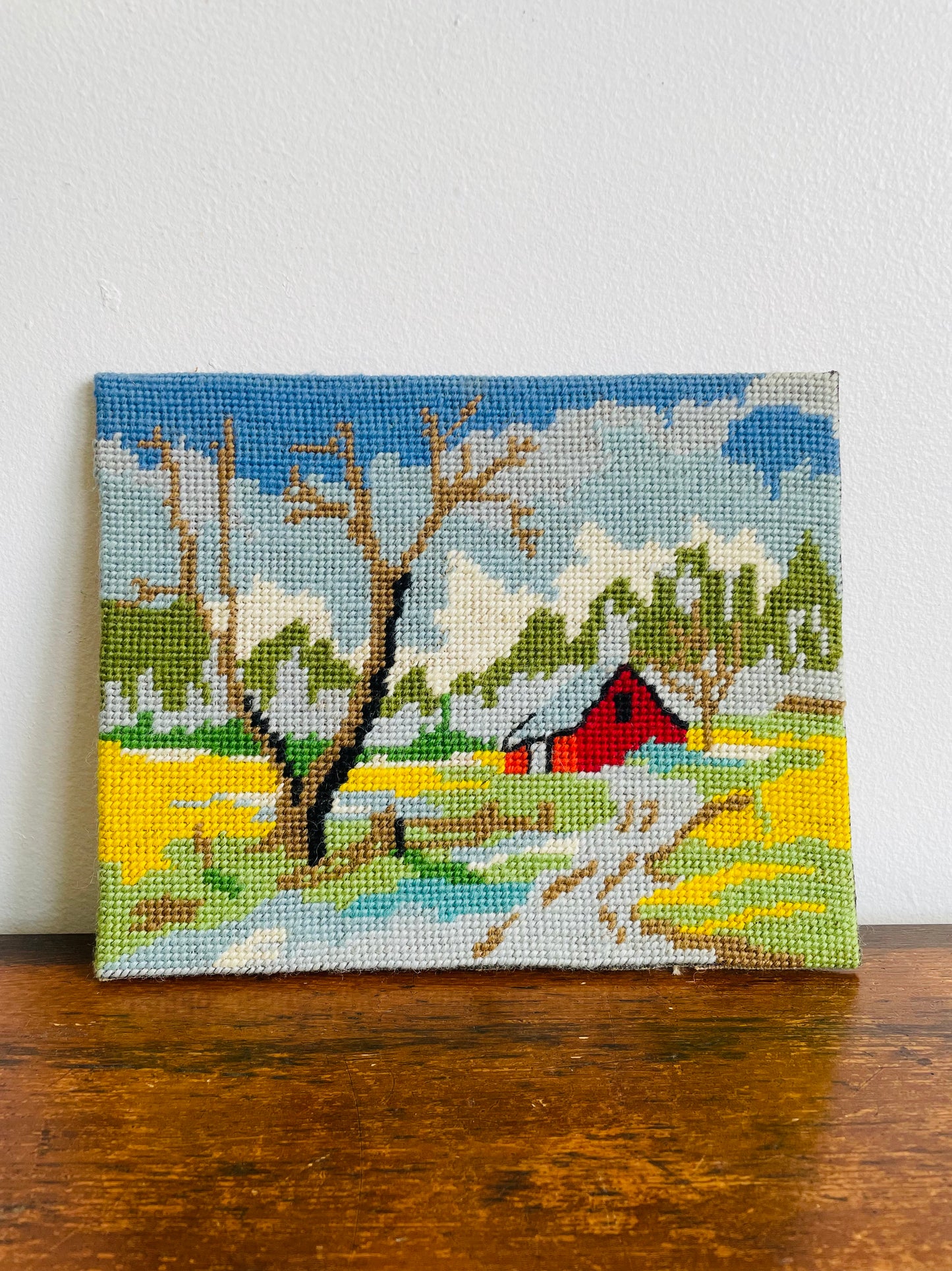 Adorable Red Barn Needlepoint Embroidery Picture on Board - Frame or Leave As-Is!