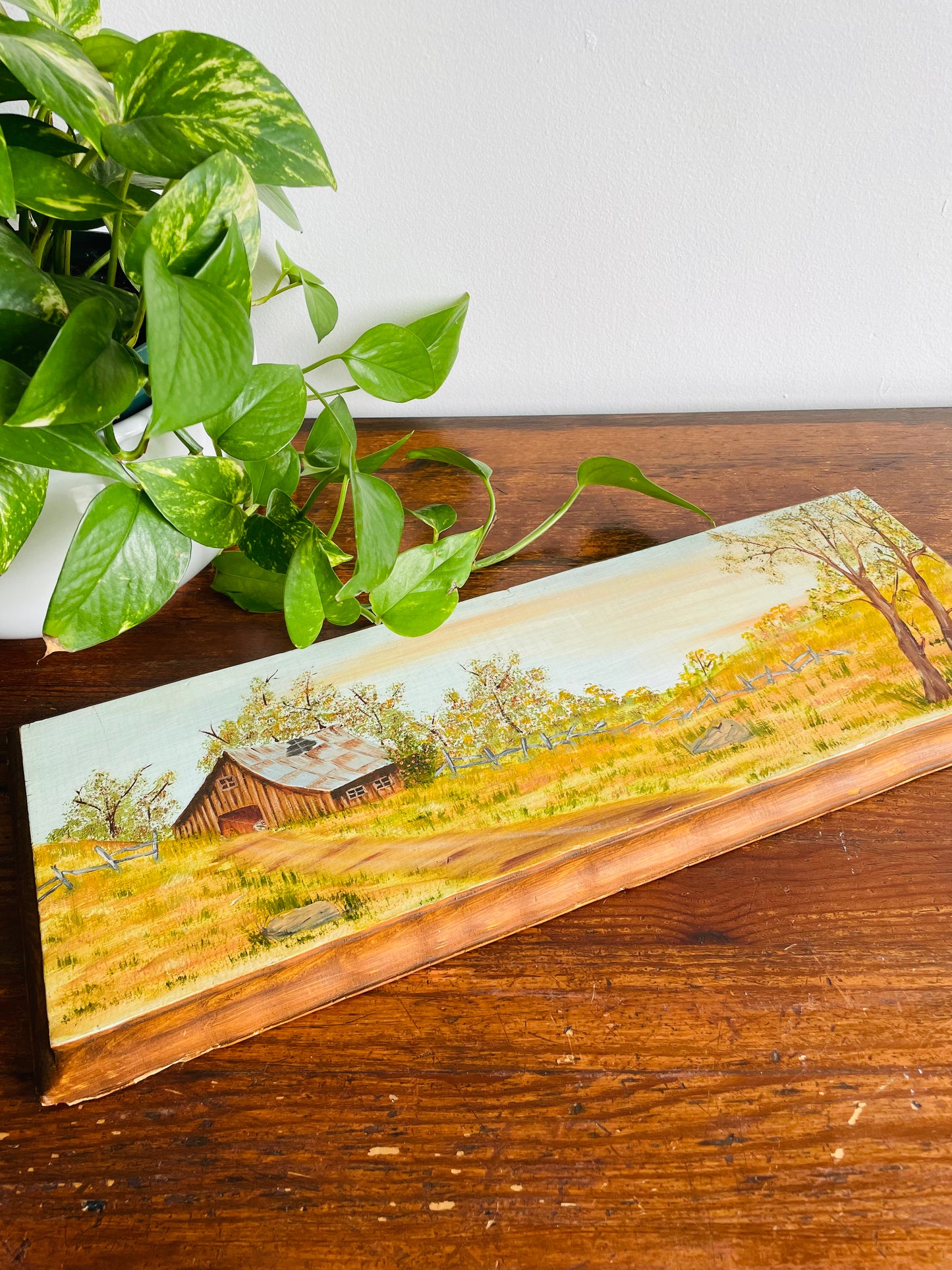Original Art - Painting of Cabin & Nature on Wood Plank
