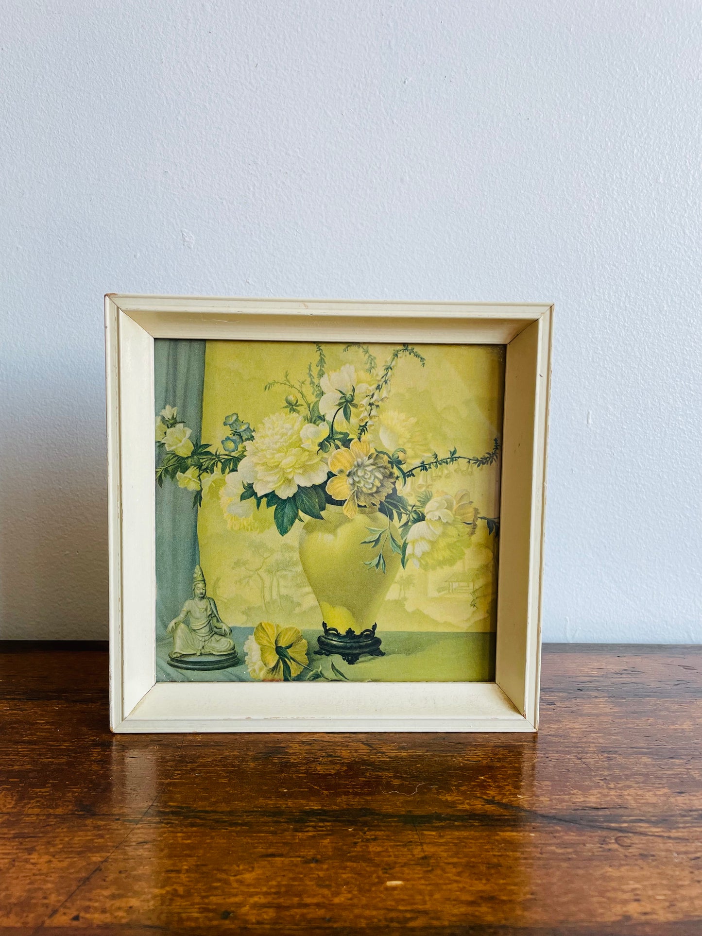 Muted Colours Floral Still Life Framed Print - White Flowers in Vase & Religious Statue