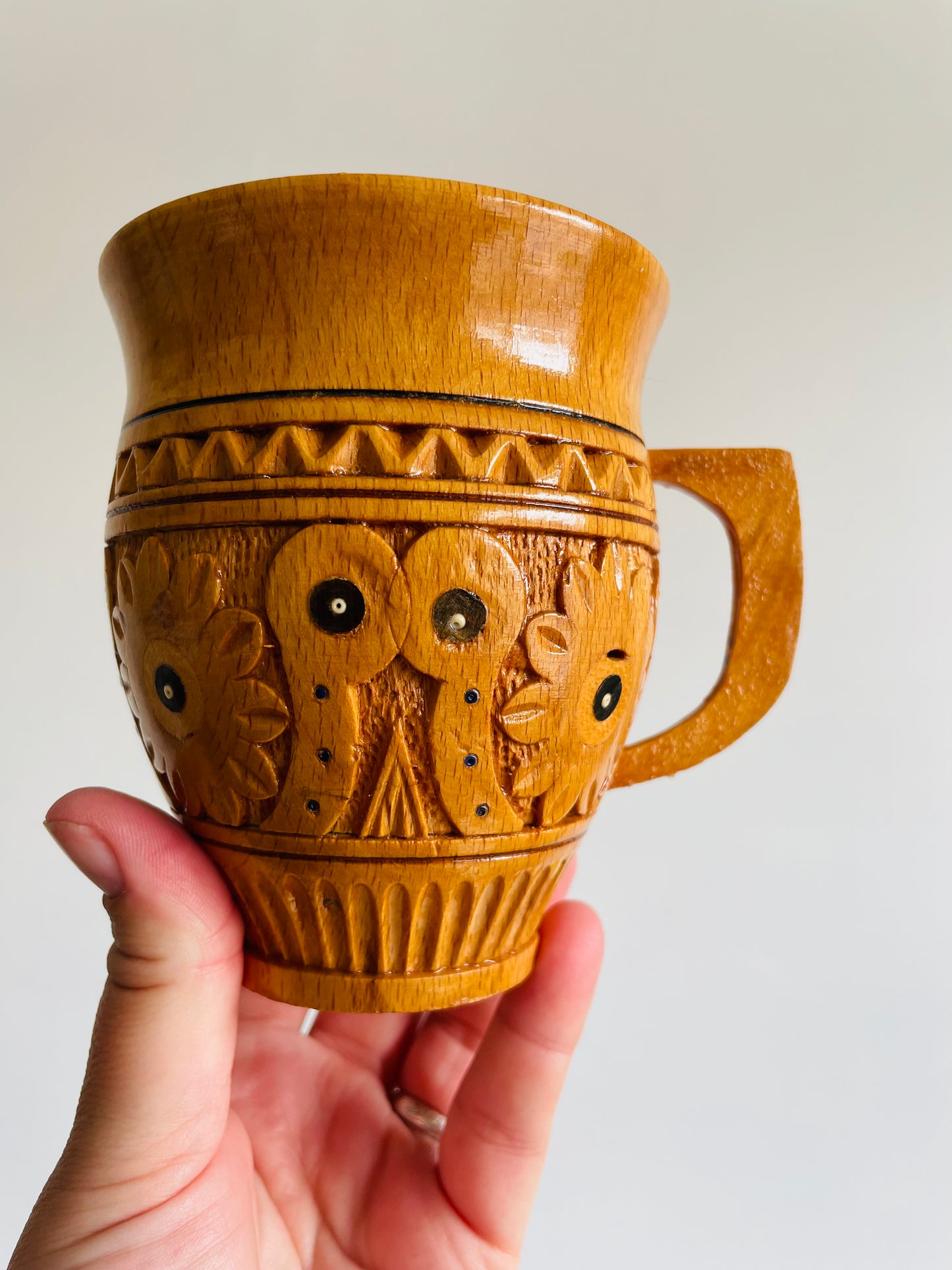 Rustic Traditional Ukrainian Folk Carved Wooden Mug Cup with Hand Painted Floral Design