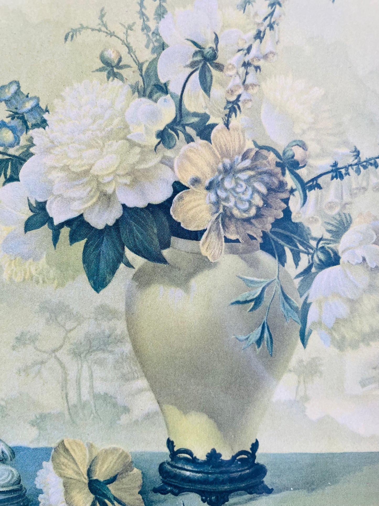 Muted Colours Floral Still Life Framed Print - White Flowers in Vase & Religious Statue