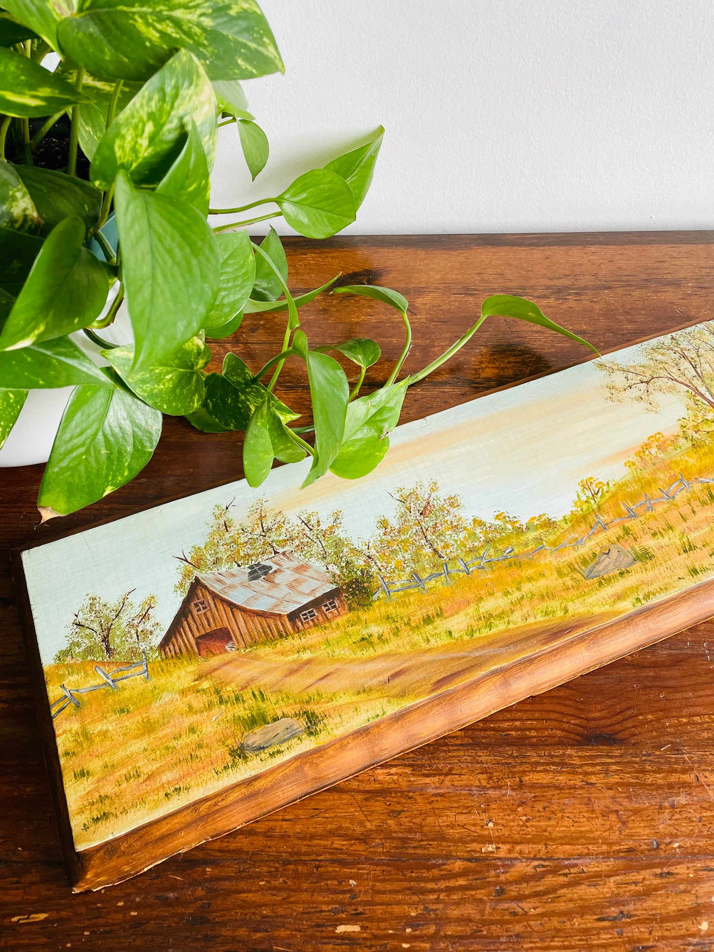 Original Art - Painting of Cabin & Nature on Wood Plank