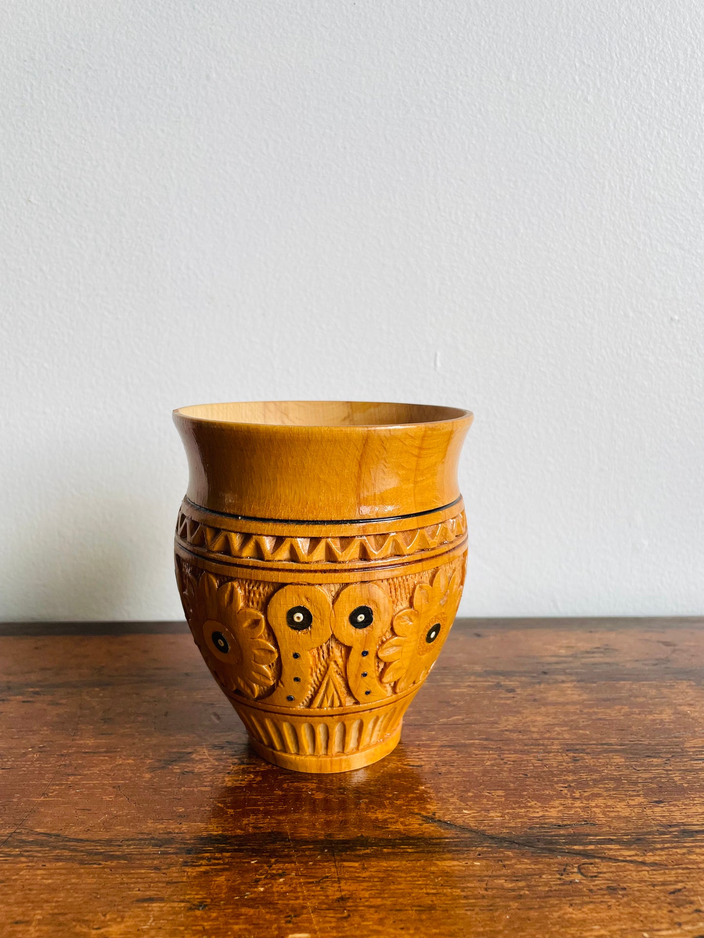 Rustic Traditional Ukrainian Folk Carved Wooden Mug Cup with Hand Painted Floral Design