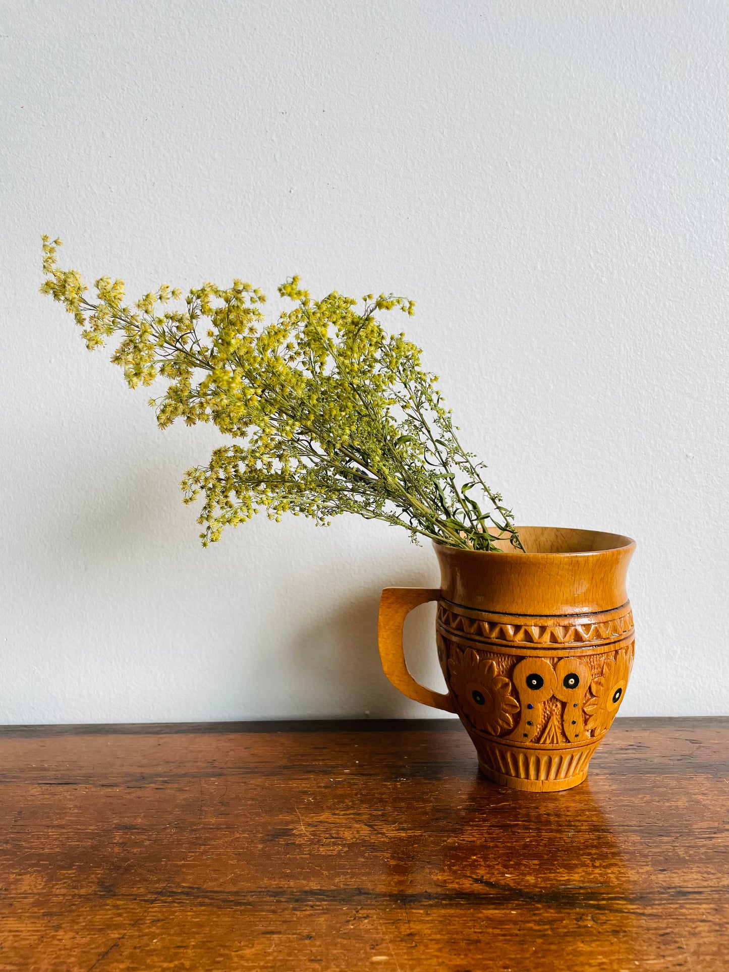 Rustic Traditional Ukrainian Folk Carved Wooden Mug Cup with Hand Painted Floral Design