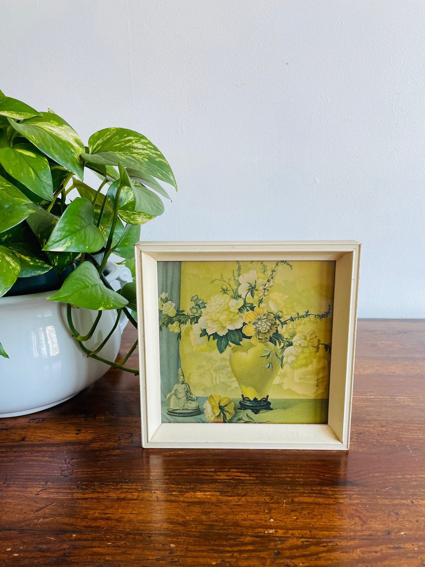 Muted Colours Floral Still Life Framed Print - White Flowers in Vase & Religious Statue