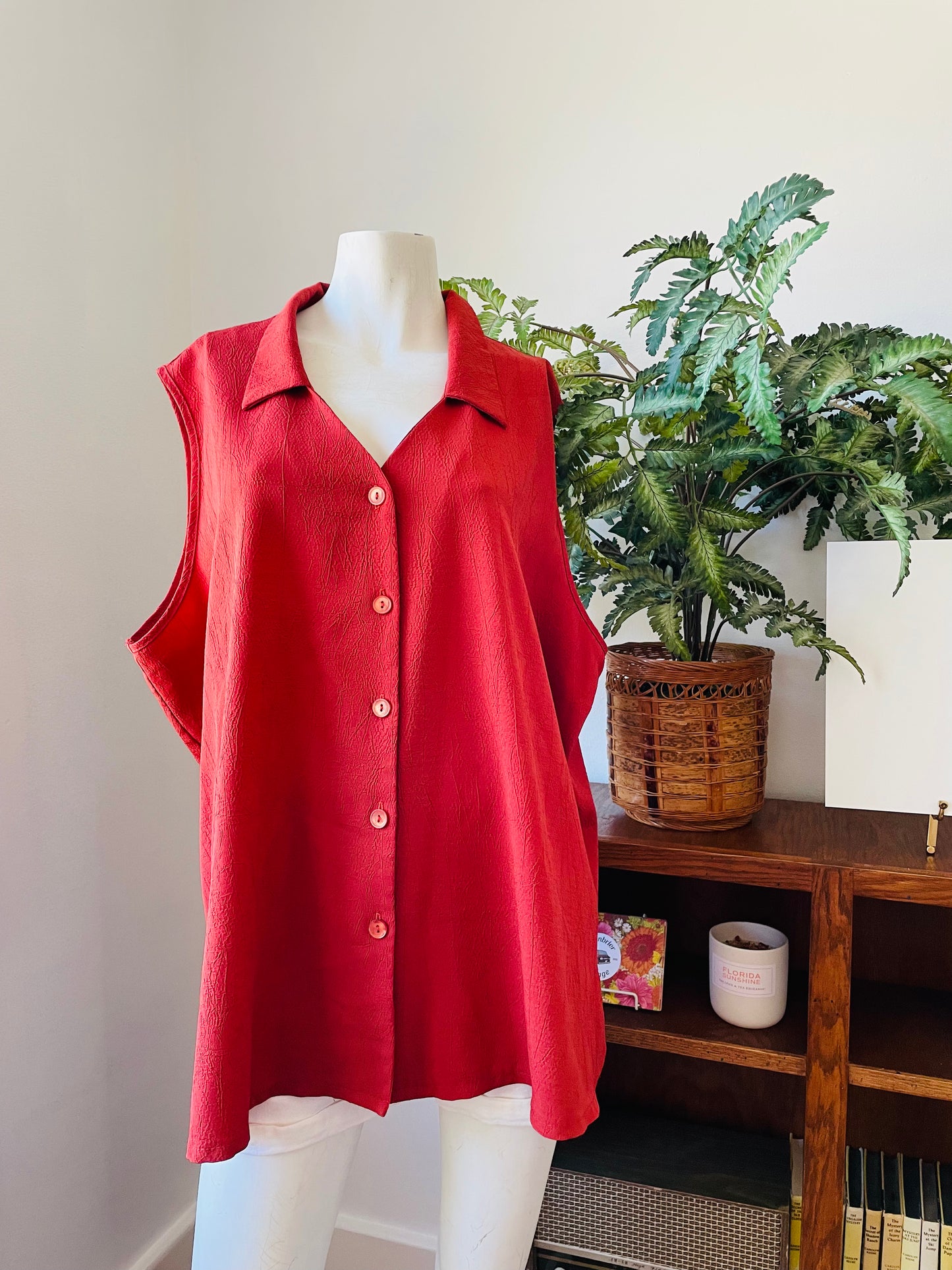 Vintage IMAGE Brand Rust Red Button Up Sleeveless Top with Dagger Collar - Size 3x