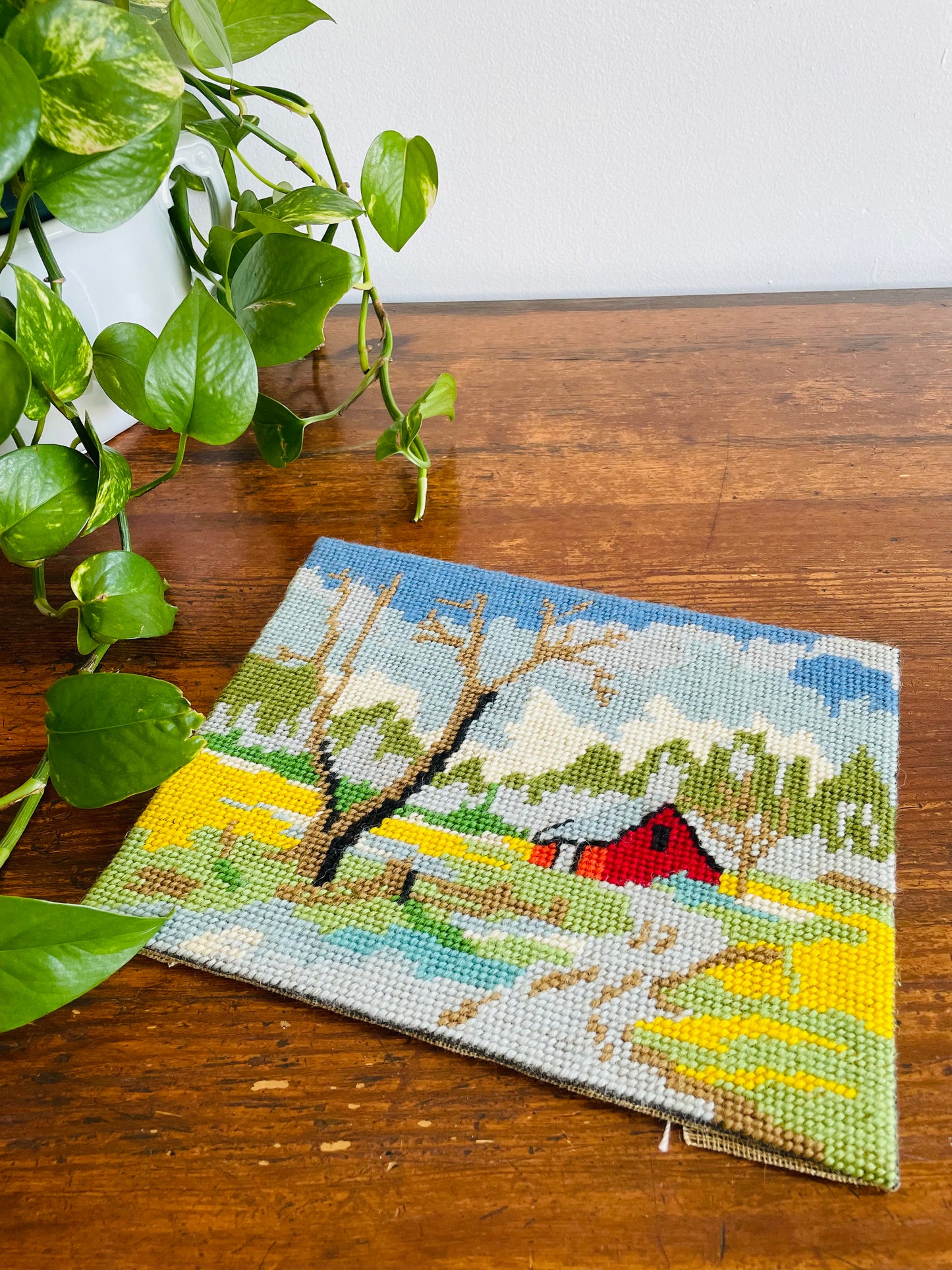 Adorable Red Barn Needlepoint Embroidery Picture on Board - Frame or Leave As-Is!