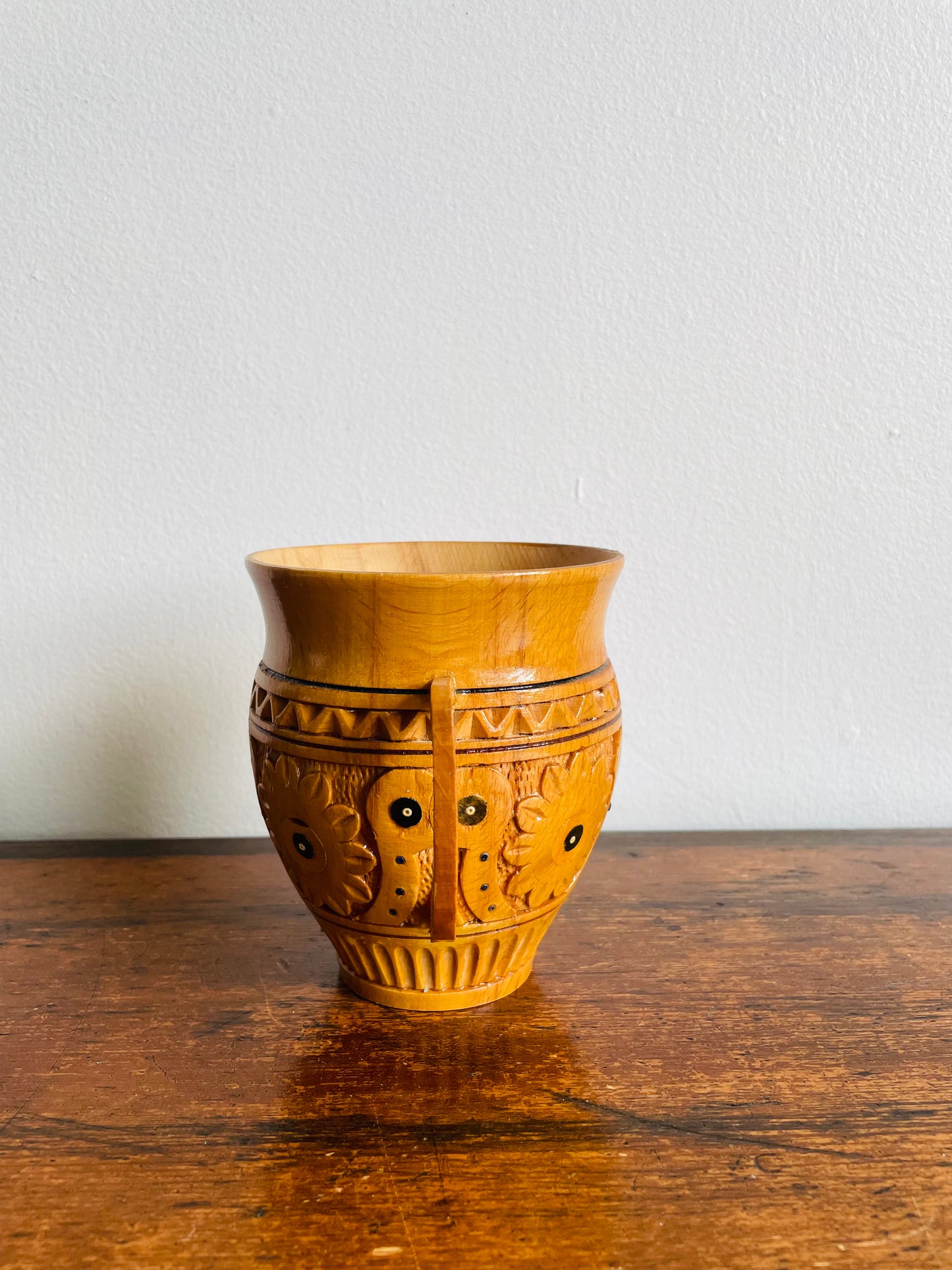 Rustic Traditional Ukrainian Folk Carved Wooden Mug Cup with Hand Painted Floral Design