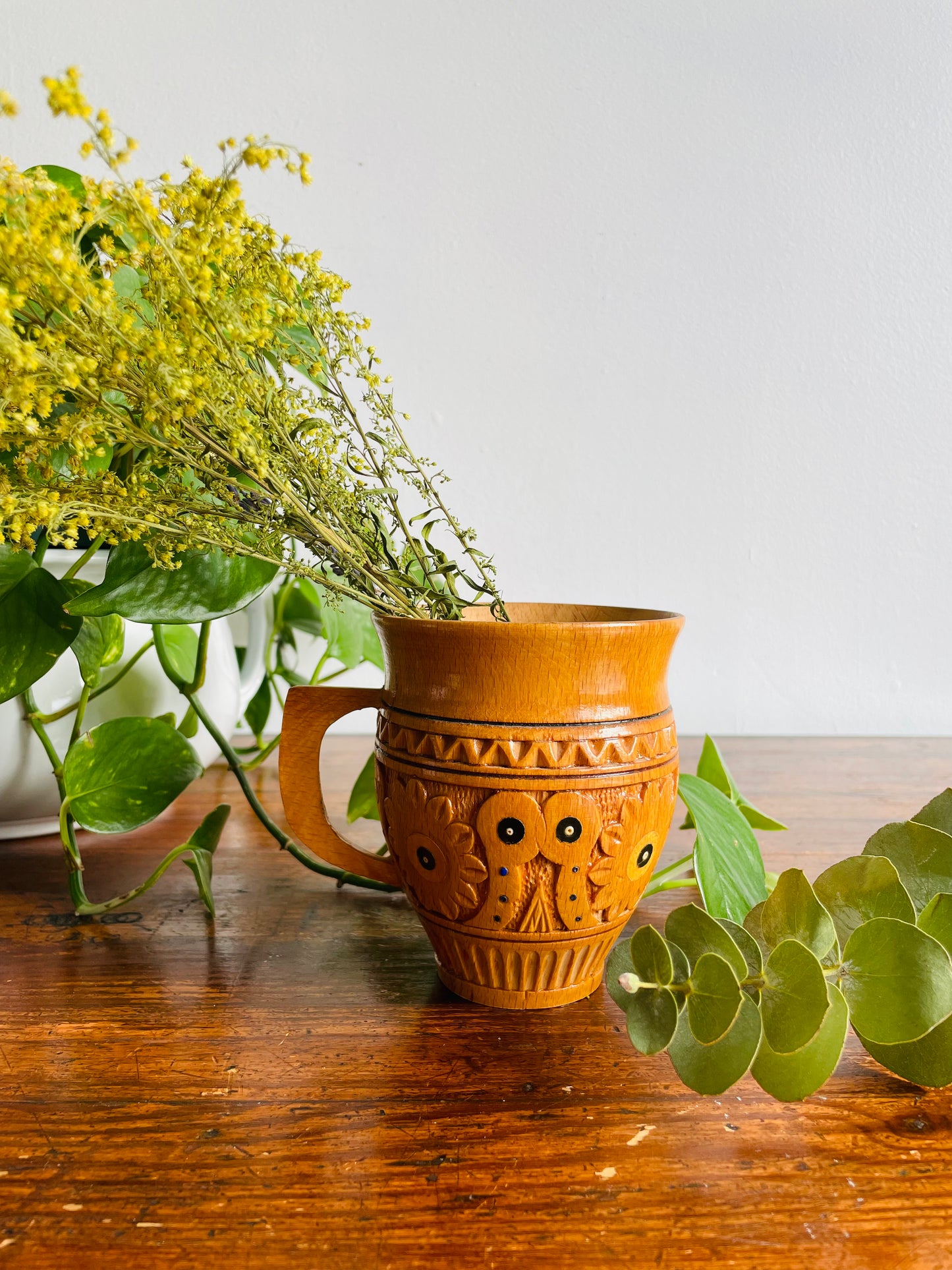 Rustic Traditional Ukrainian Folk Carved Wooden Mug Cup with Hand Painted Floral Design