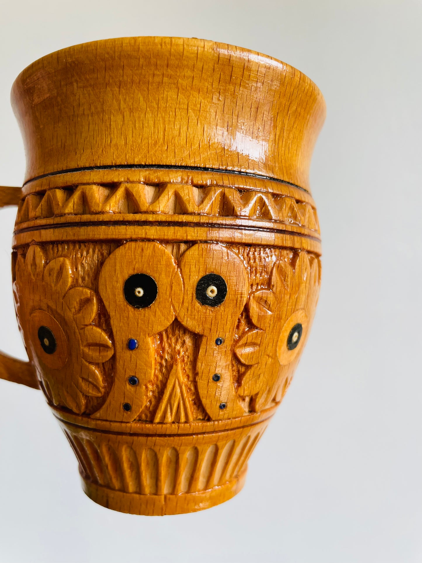 Rustic Traditional Ukrainian Folk Carved Wooden Mug Cup with Hand Painted Floral Design