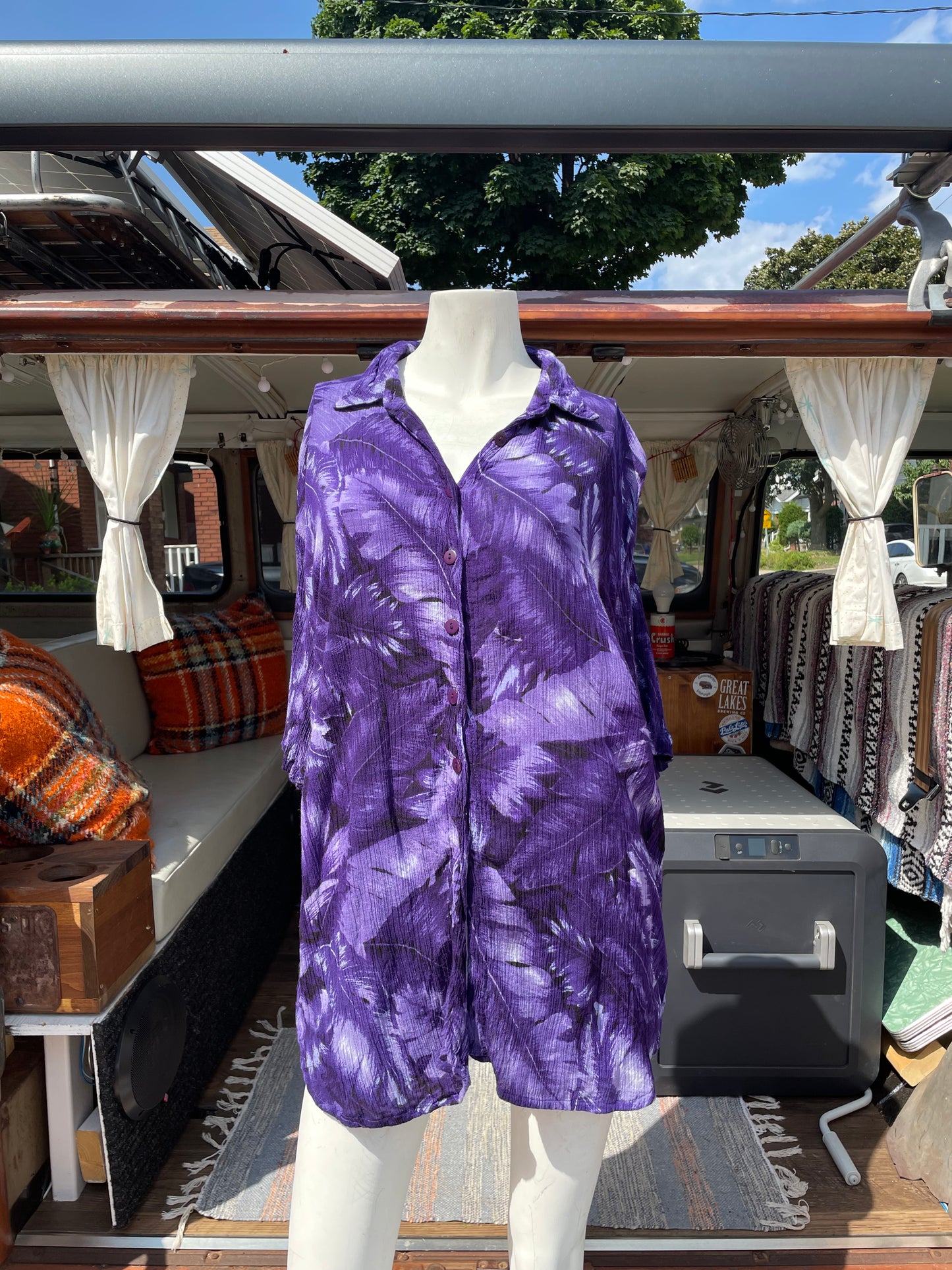 Vintage Variations Brand Purple Button Up T-Shirt with Tropical Print