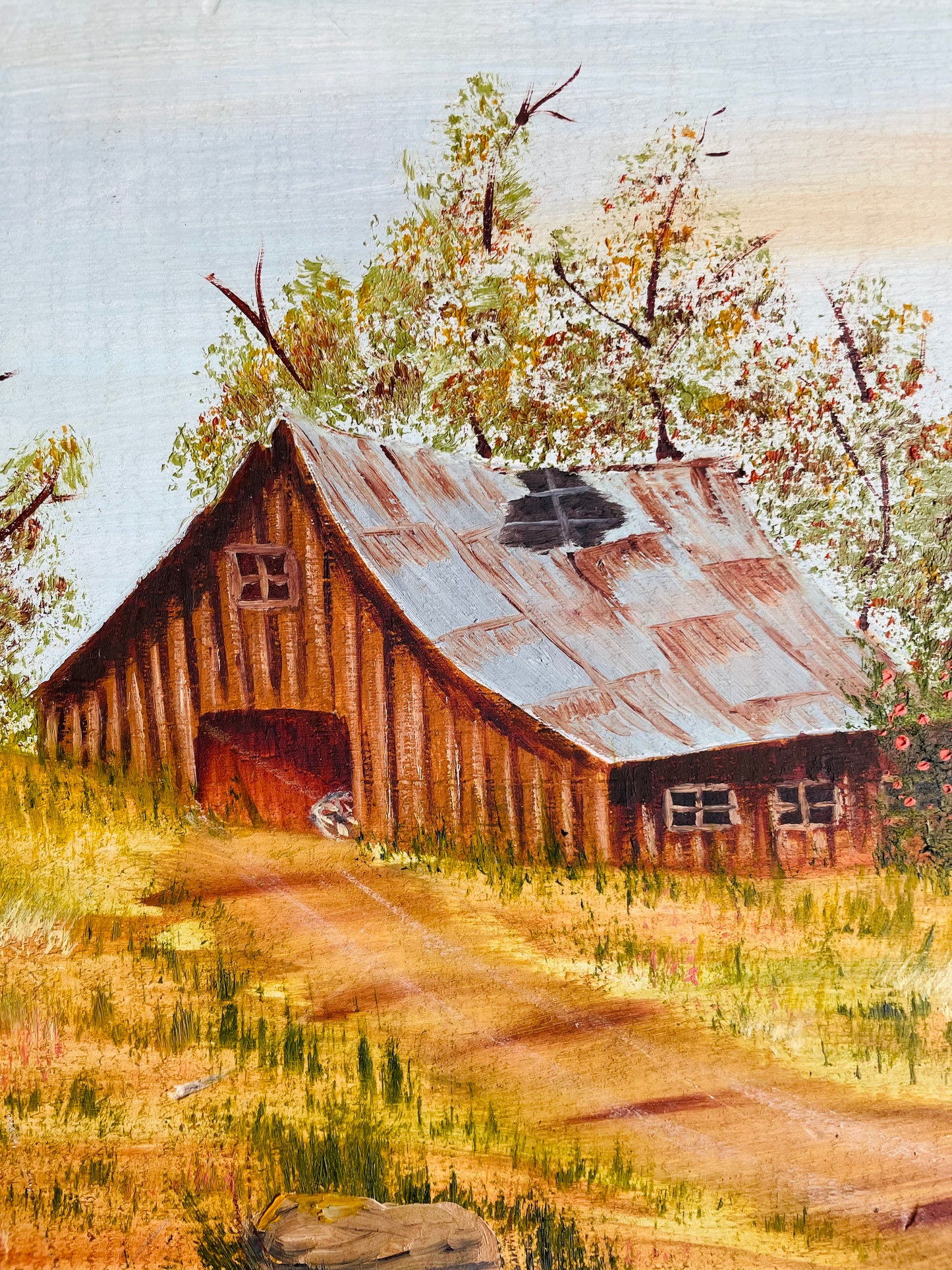Original Art - Painting of Cabin & Nature on Wood Plank