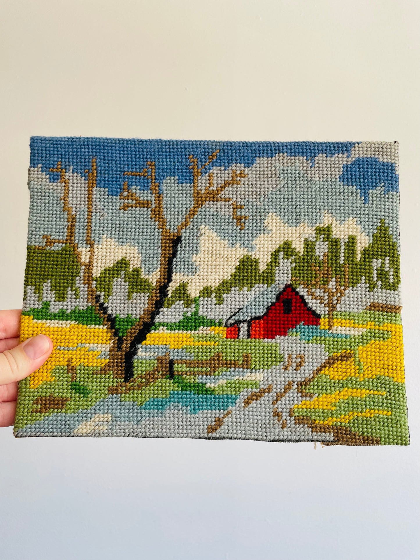 Adorable Red Barn Needlepoint Embroidery Picture on Board - Frame or Leave As-Is!