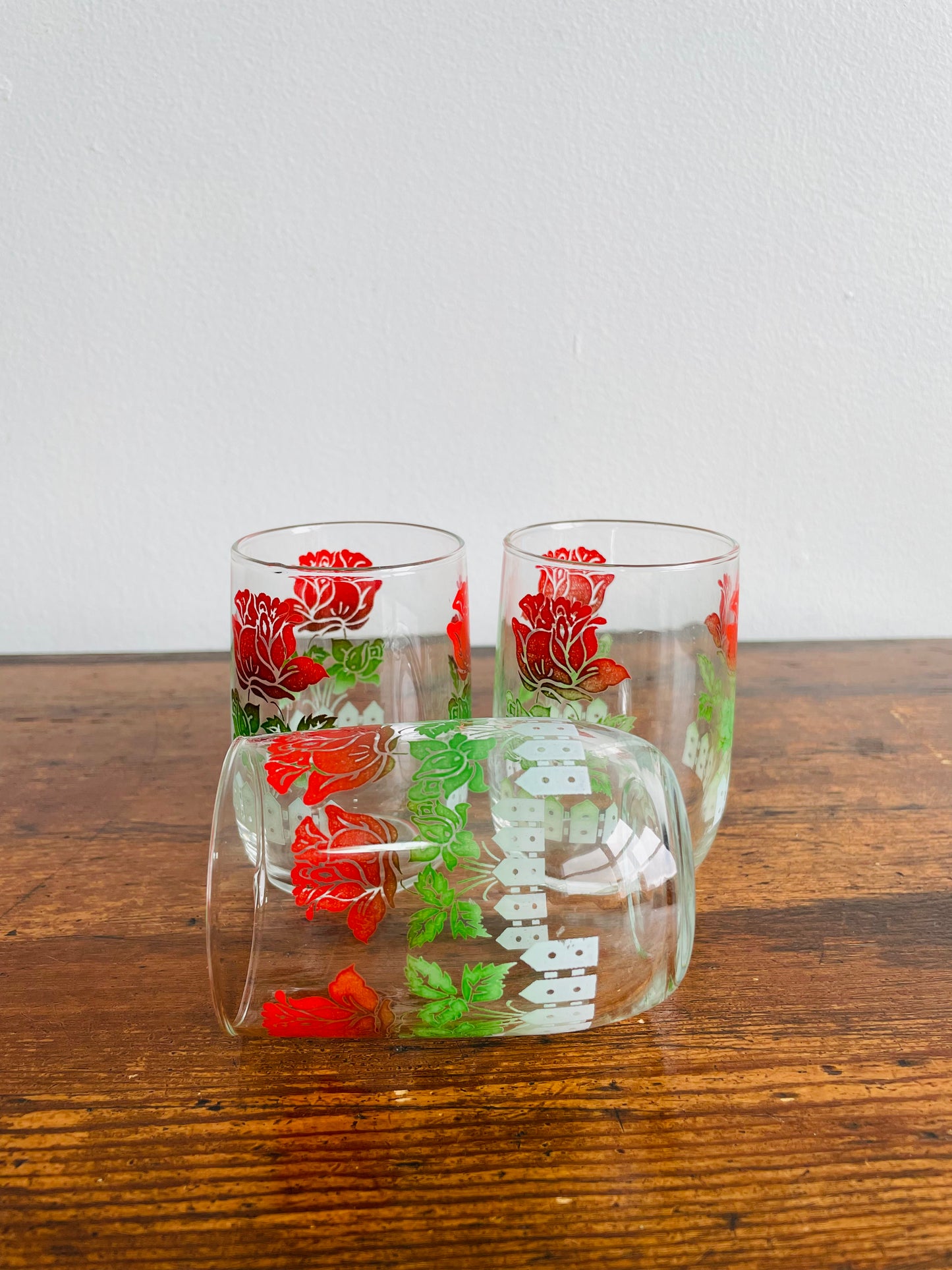Juice Glasses with Rose Garden & White Picket Fence Design - Set of 3