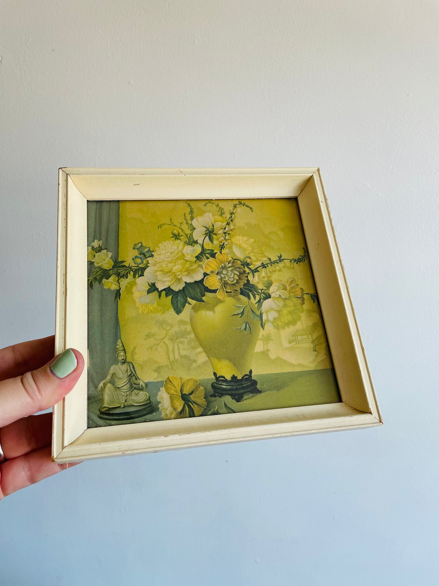 Muted Colours Floral Still Life Framed Print - White Flowers in Vase & Religious Statue