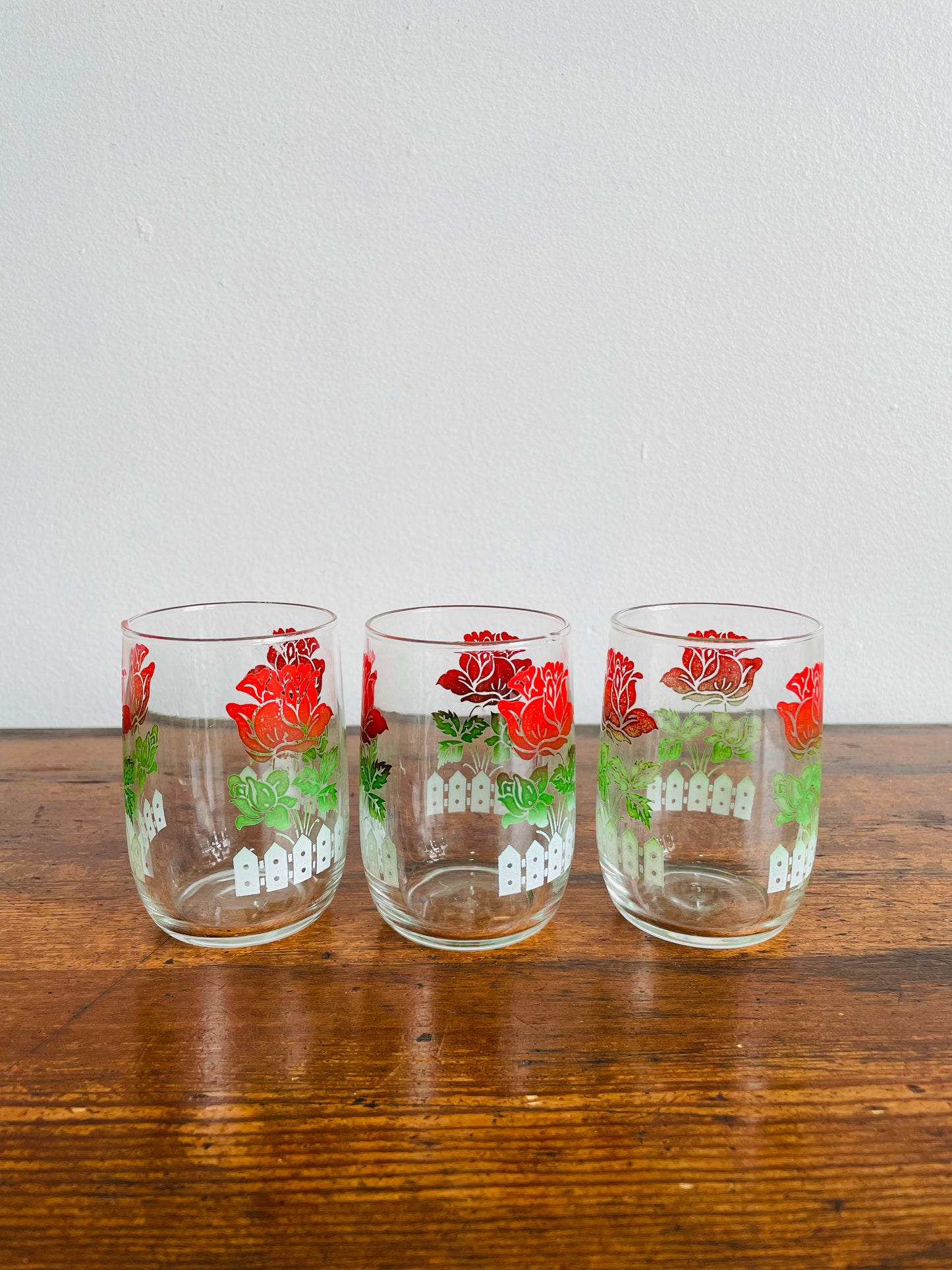 Juice Glasses with Rose Garden & White Picket Fence Design - Set of 3