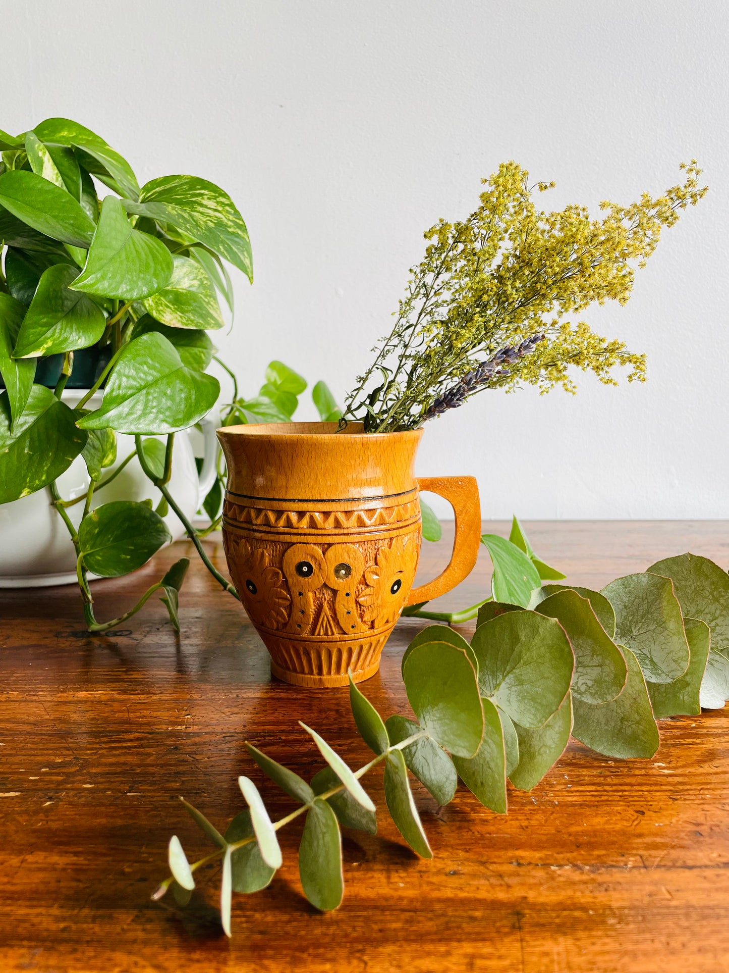 Rustic Traditional Ukrainian Folk Carved Wooden Mug Cup with Hand Painted Floral Design