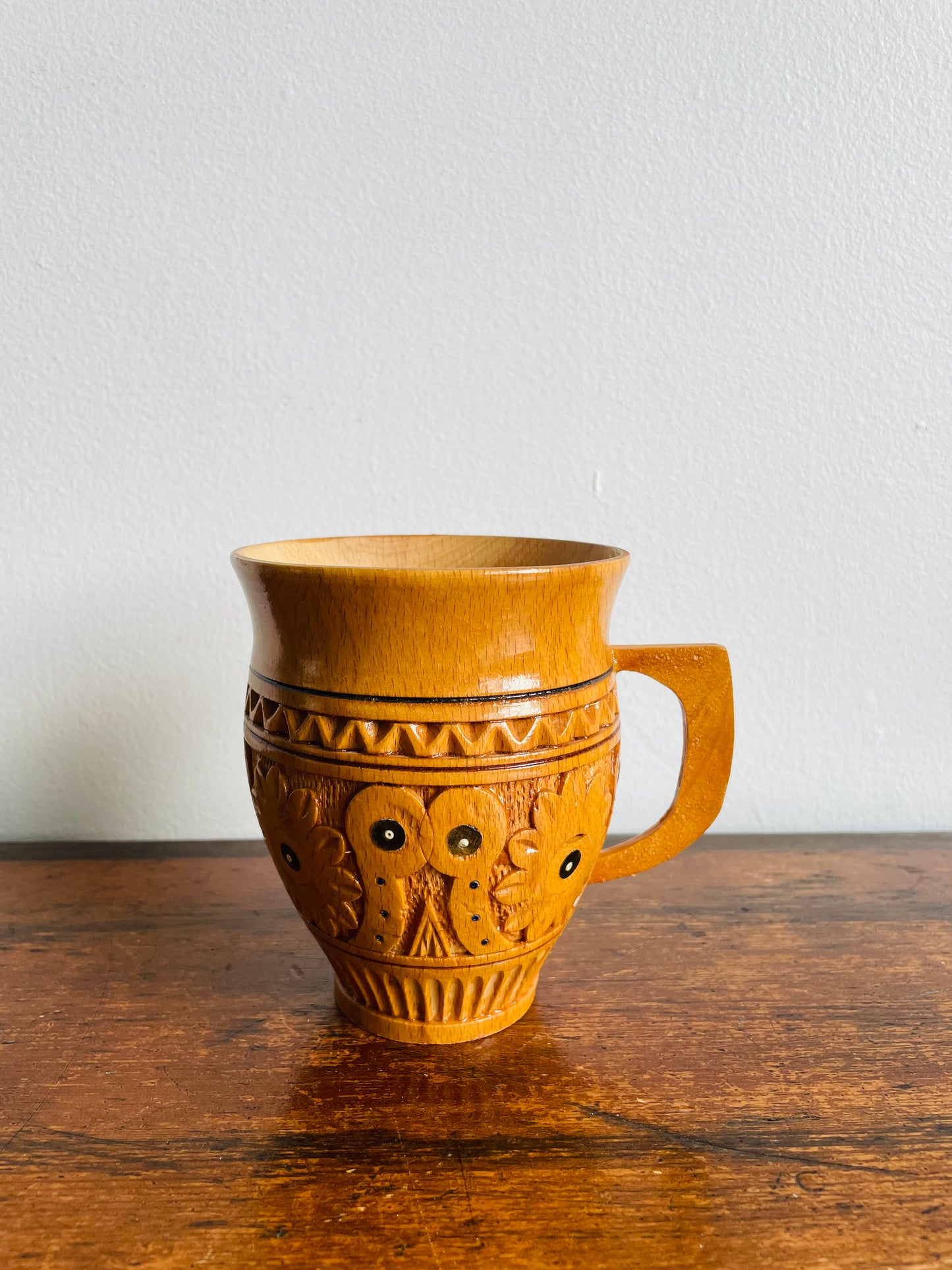 Rustic Traditional Ukrainian Folk Carved Wooden Mug Cup with Hand Painted Floral Design