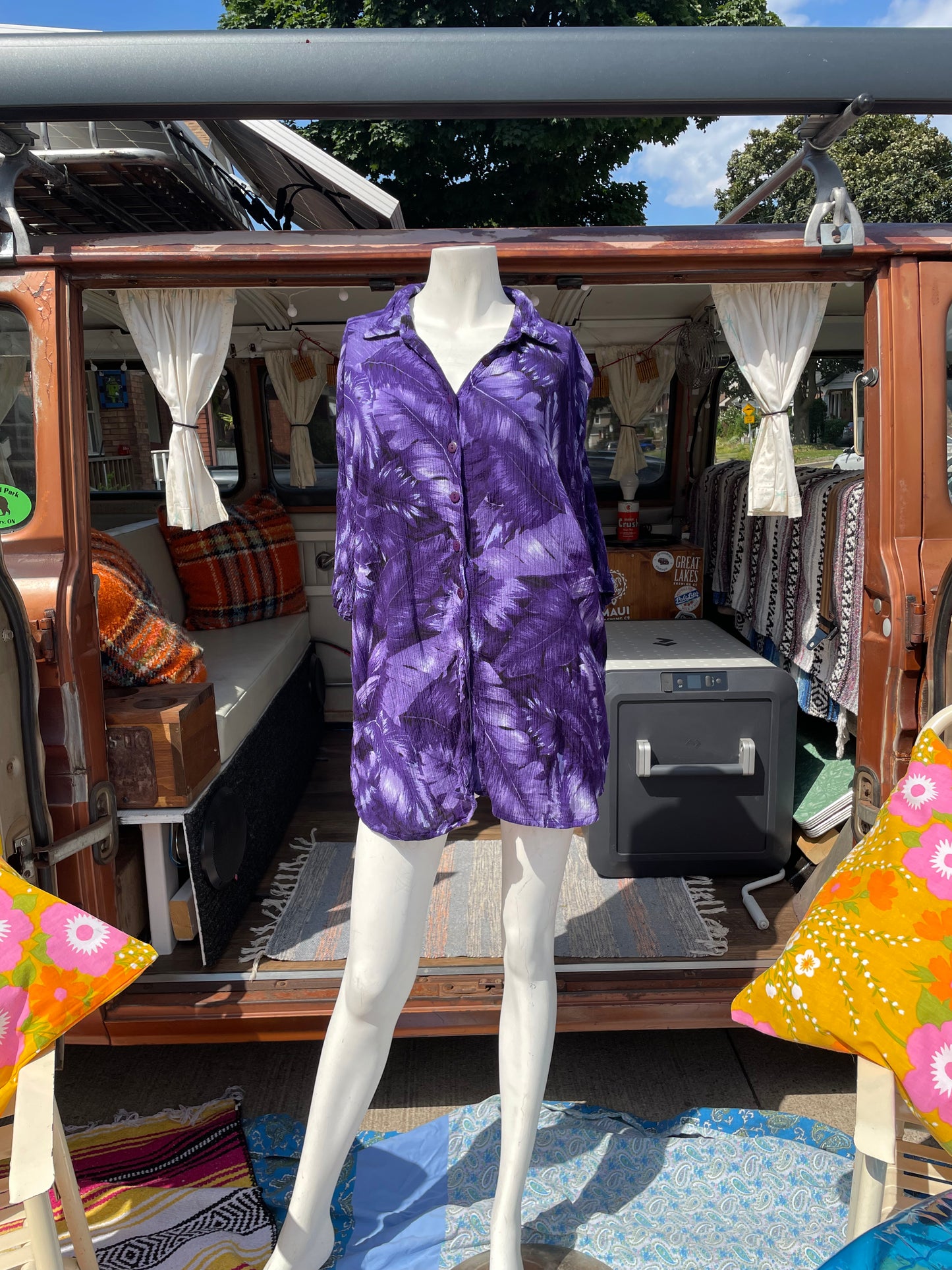Vintage Variations Brand Purple Button Up T-Shirt with Tropical Print