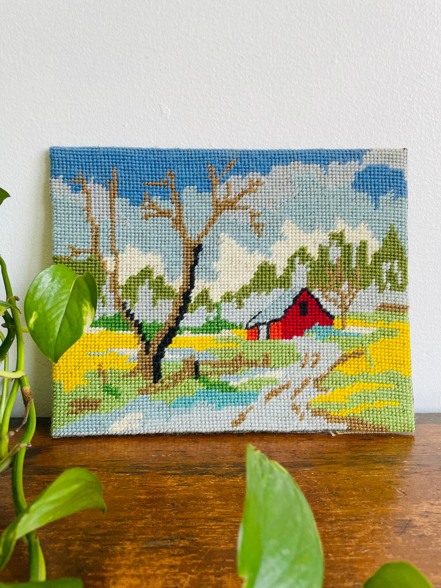 Adorable Red Barn Needlepoint Embroidery Picture on Board - Frame or Leave As-Is!