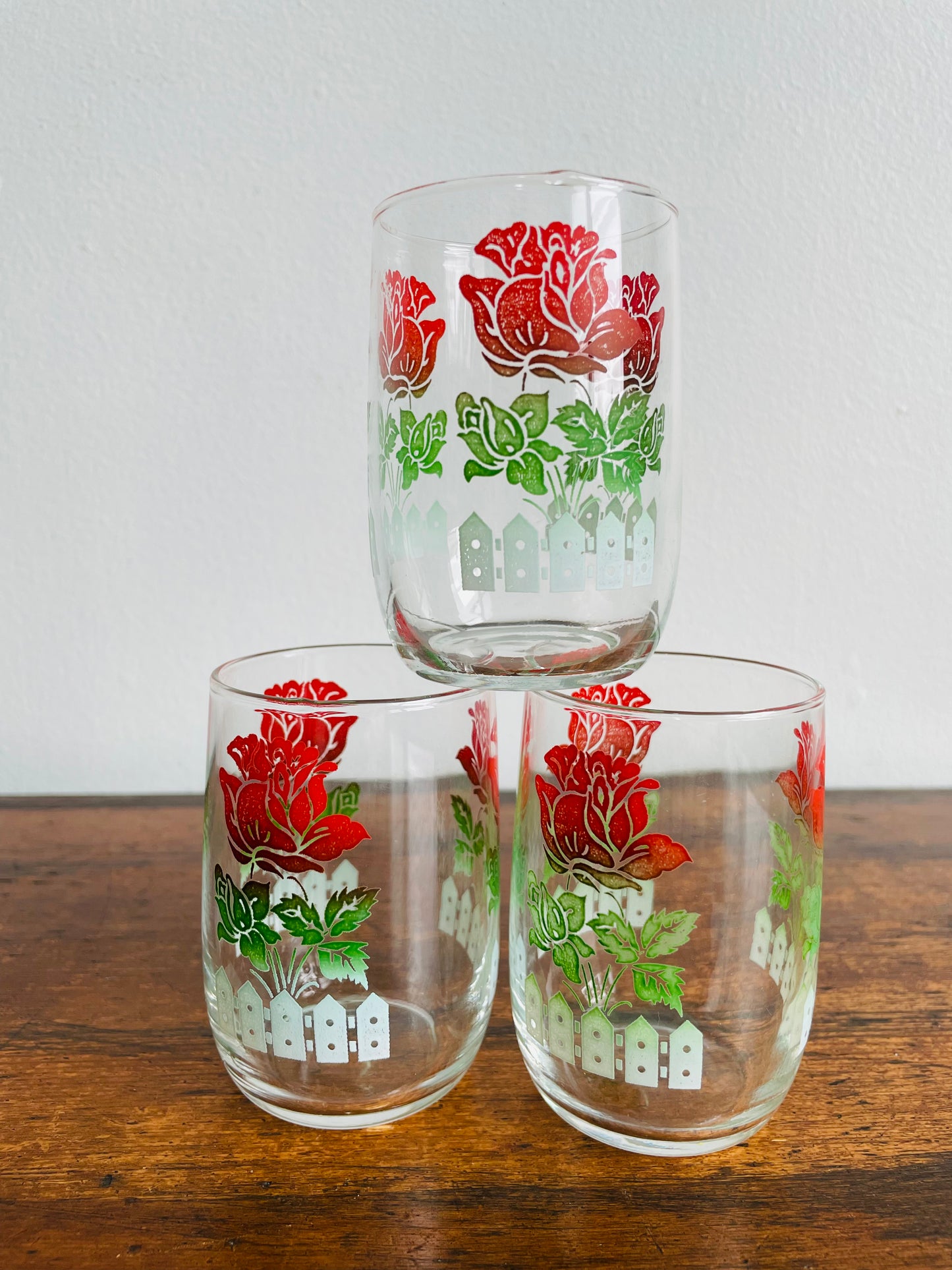 Juice Glasses with Rose Garden & White Picket Fence Design - Set of 3