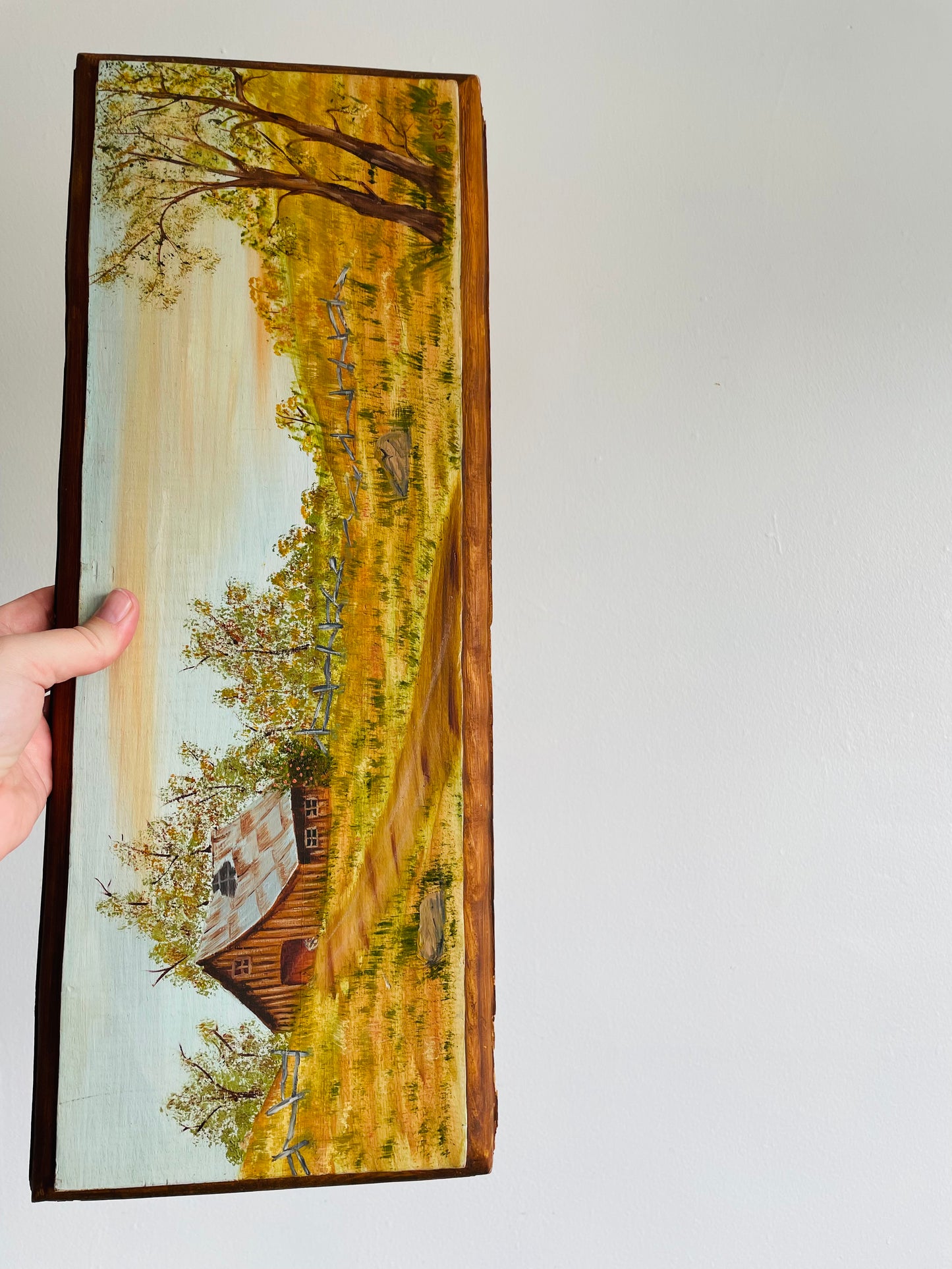 Original Art - Painting of Cabin & Nature on Wood Plank