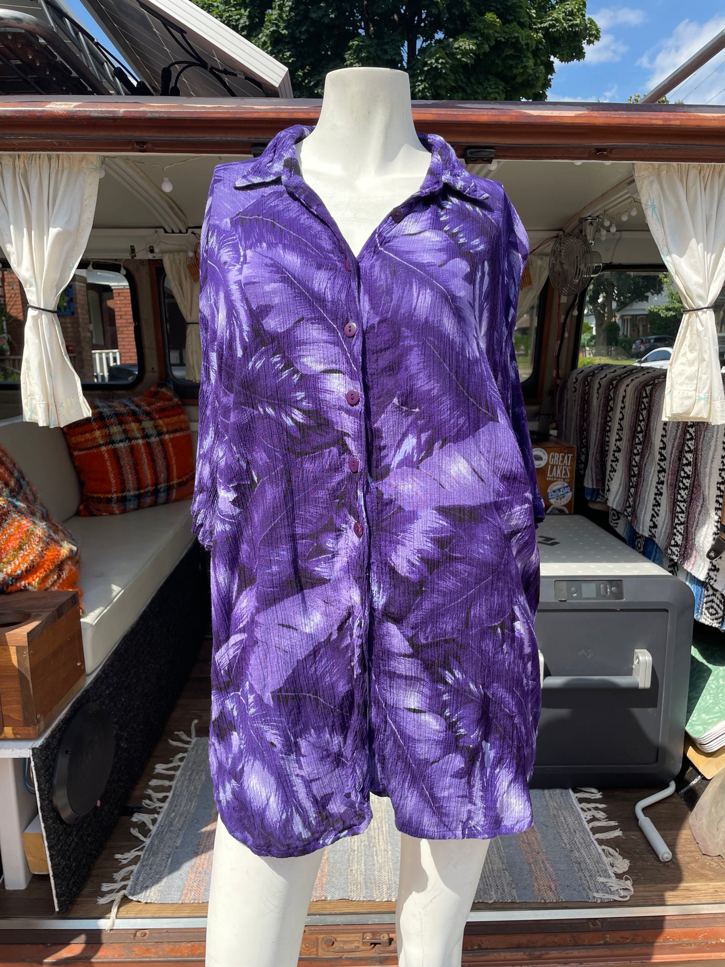 Vintage Variations Brand Purple Button Up T-Shirt with Tropical Print