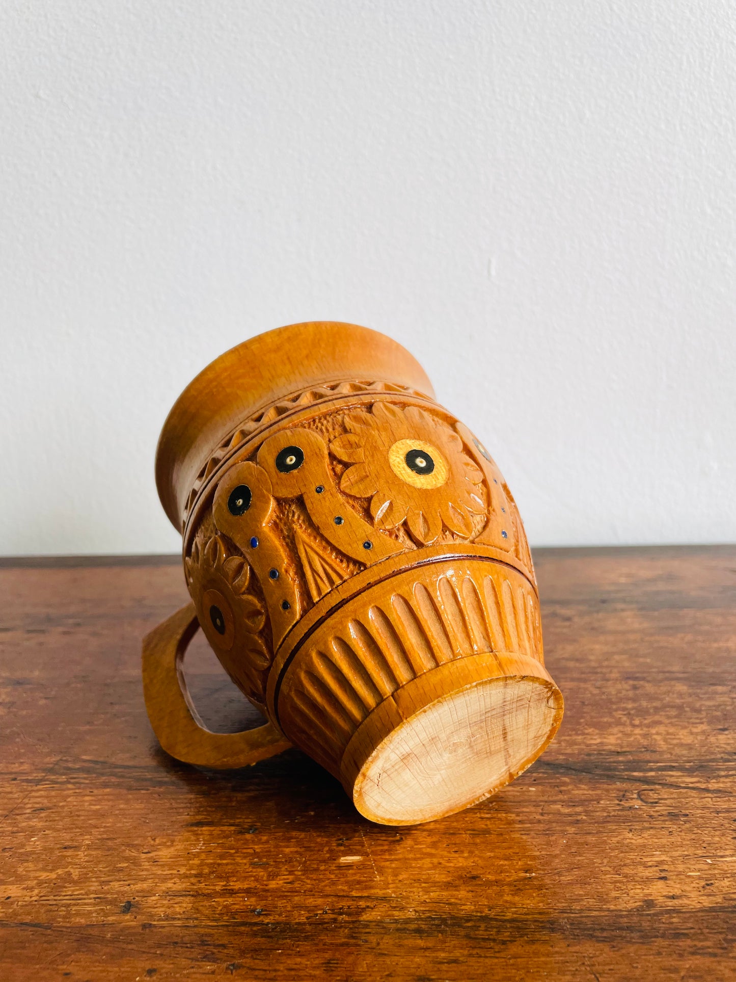 Rustic Traditional Ukrainian Folk Carved Wooden Mug Cup with Hand Painted Floral Design
