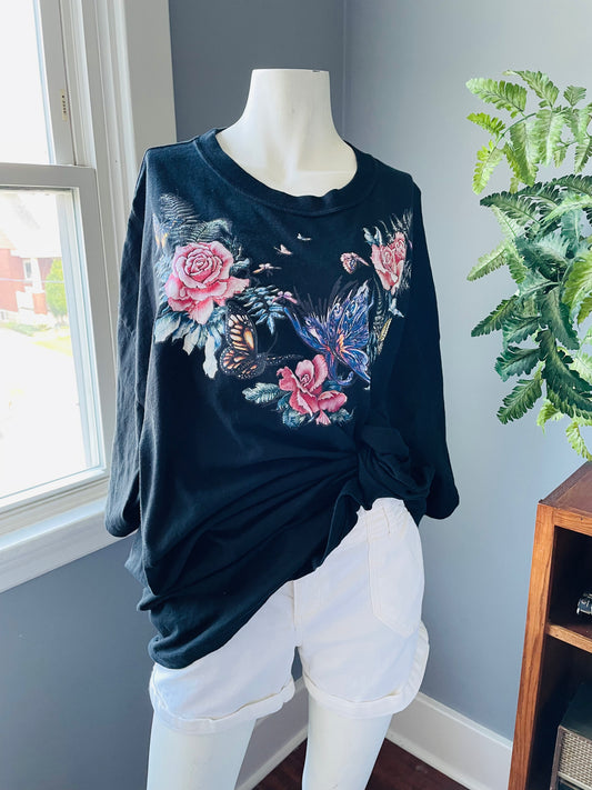 Hanes Heavyweight Plus Size Black T-Shirt with Flower Garden & Butterfly Graphic