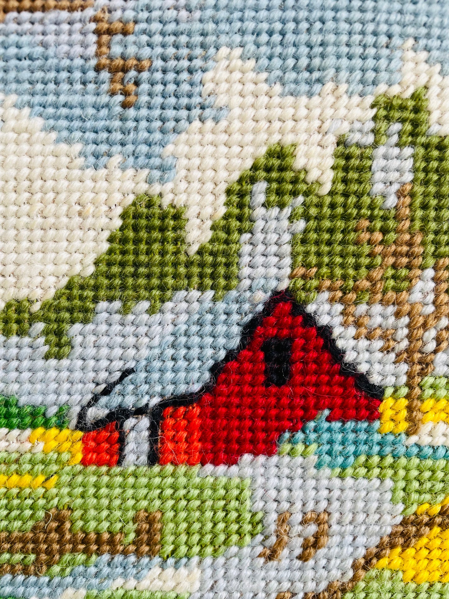 Adorable Red Barn Needlepoint Embroidery Picture on Board - Frame or Leave As-Is!