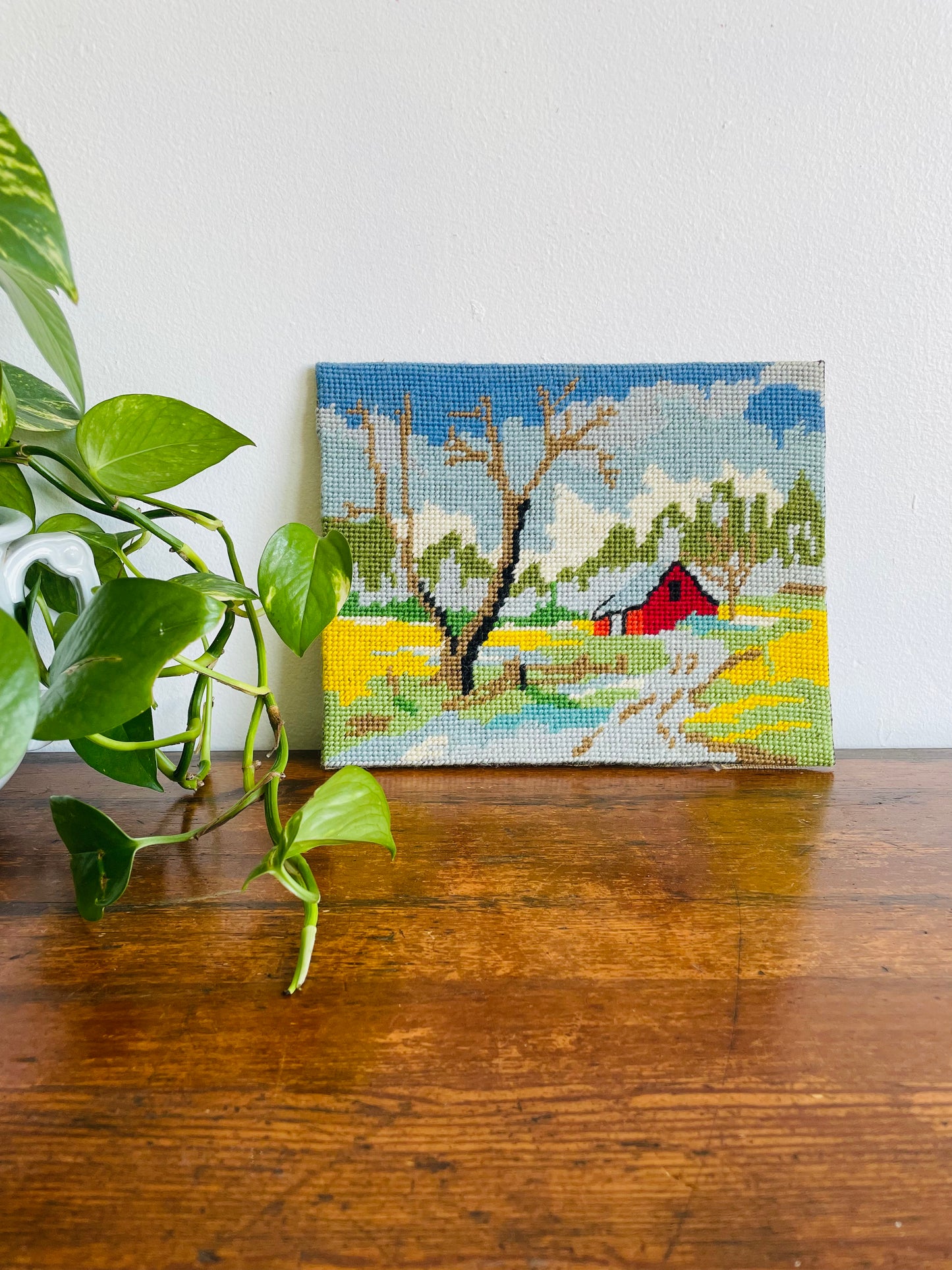Adorable Red Barn Needlepoint Embroidery Picture on Board - Frame or Leave As-Is!